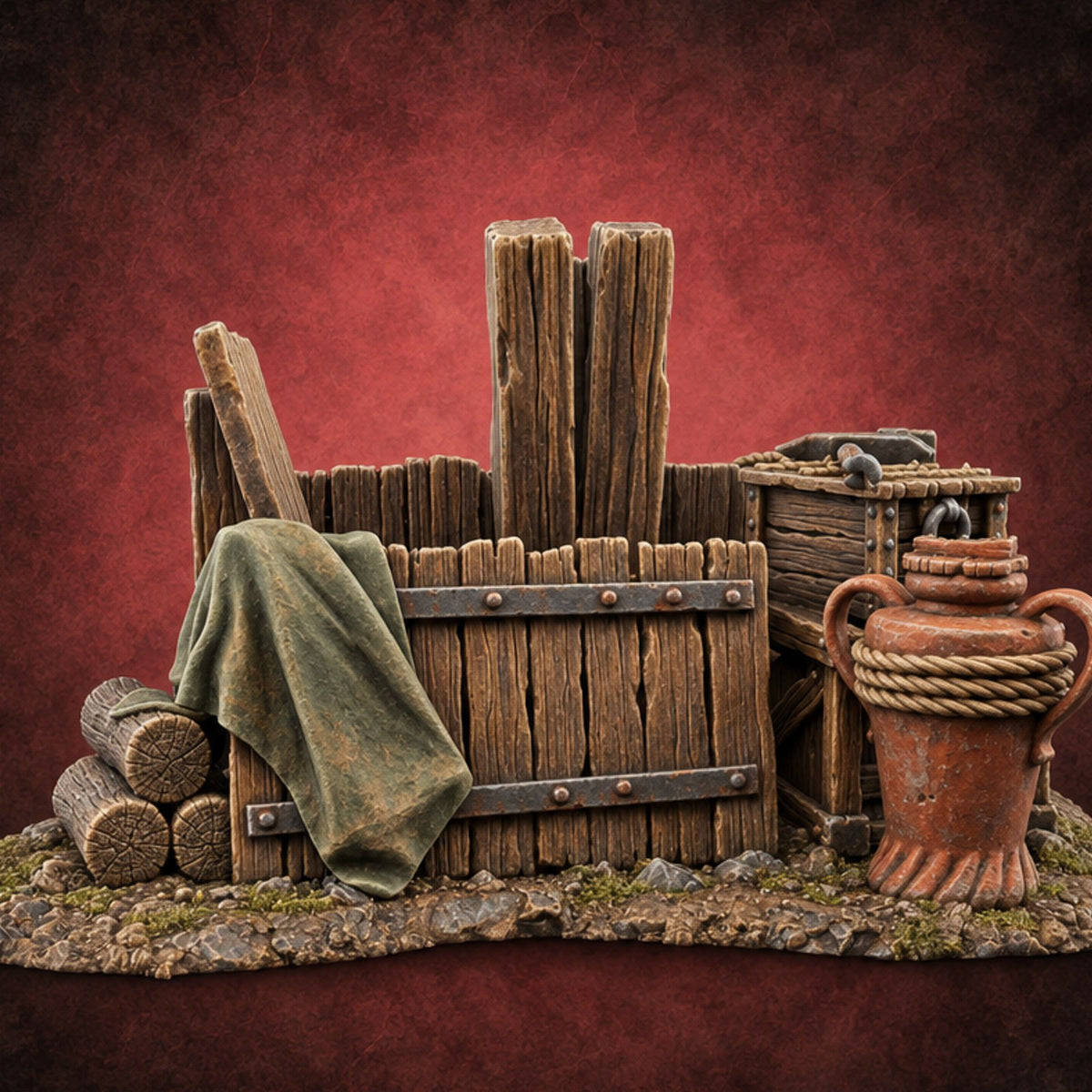 Barrel Roll Call Wooden Supply Scatter G — painted concept preview (terrain supplied unpainted)