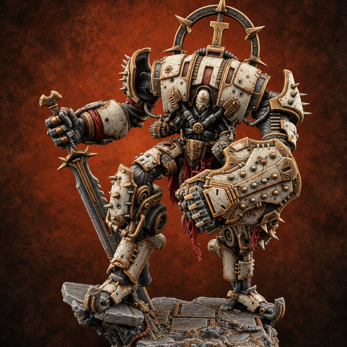 Pilot Light of Faith Warforged Mech Suit Sentinel D — painted concept preview (miniature supplied unpainted)