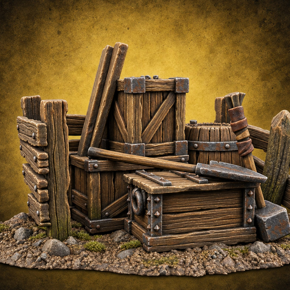 Barrel Roll Call Wooden Supply Scatter E — painted concept preview (terrain supplied unpainted)