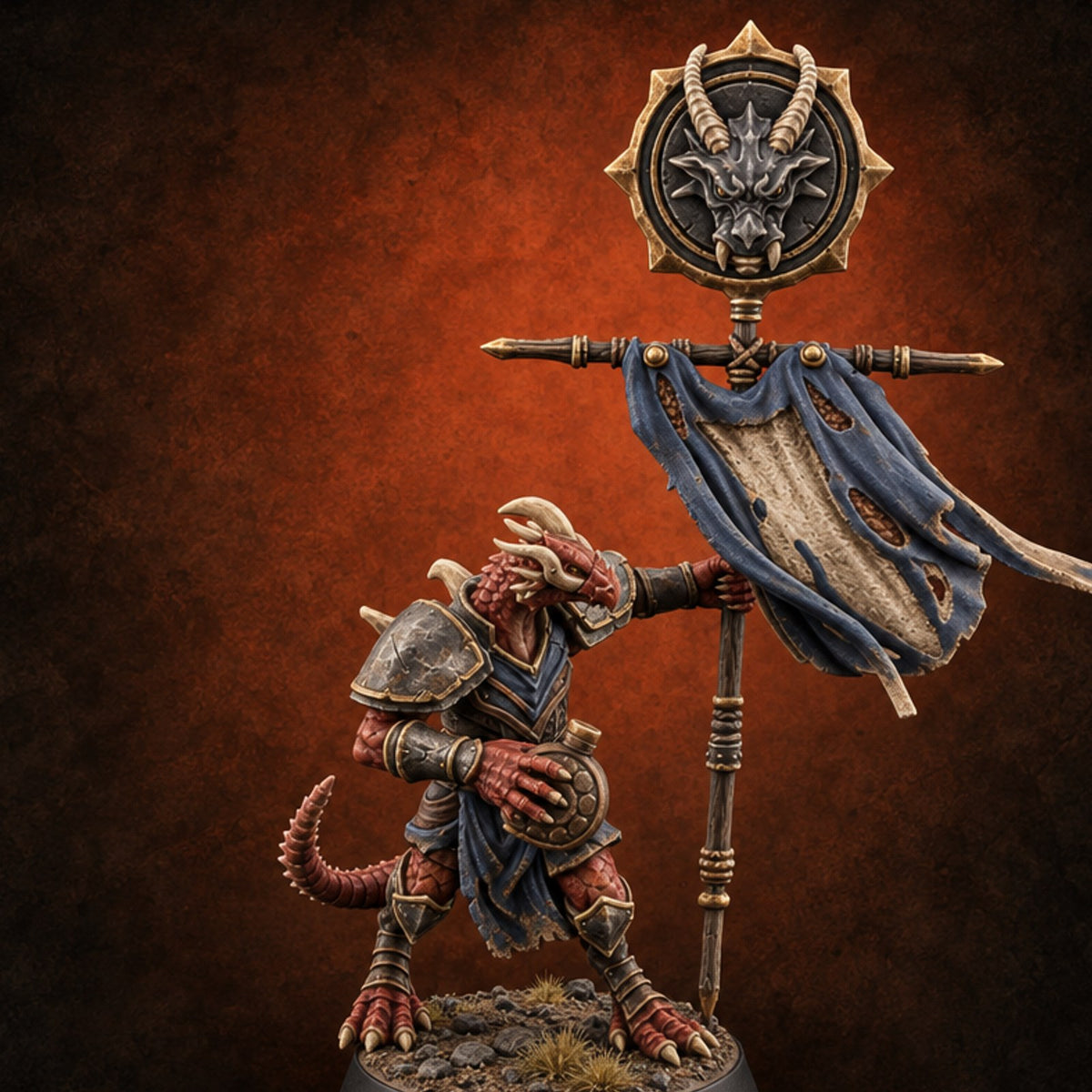 Rags Raised Dragonborn Banner Bearer — painted concept preview (miniature supplied unpainted)