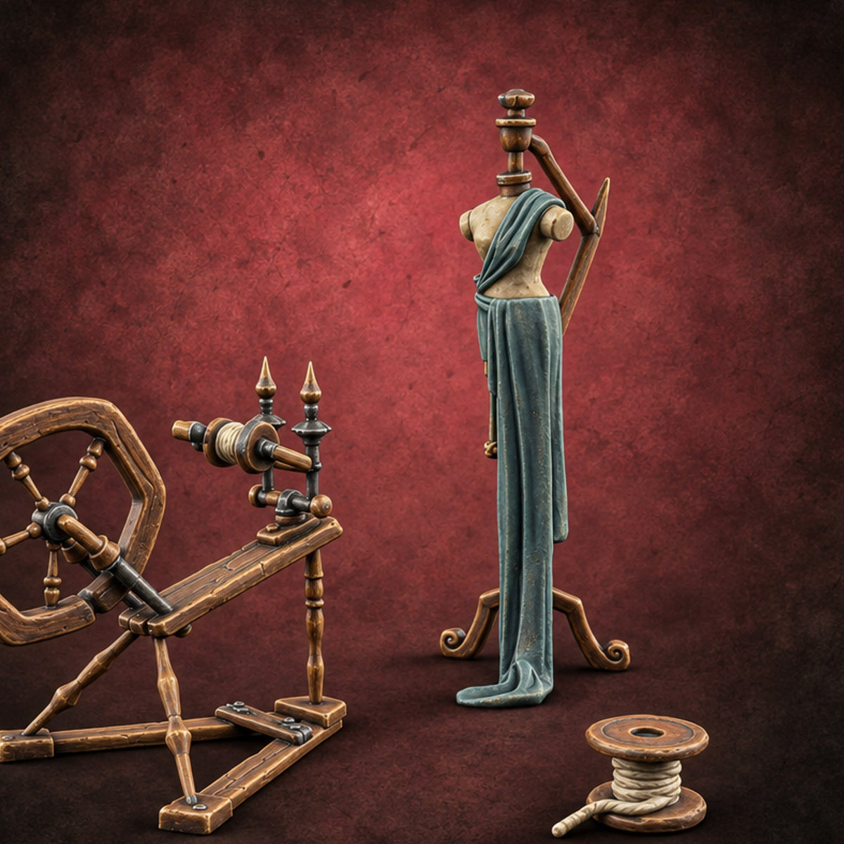 Nothing Off the Peg Tailor Mannequin and Spinning Wheel — painted concept preview (terrain supplied unpainted)