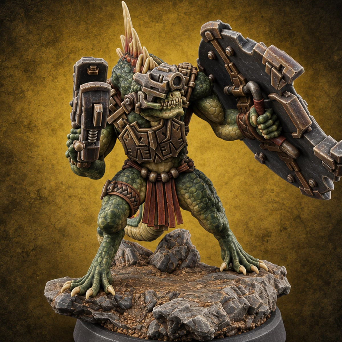 Spines Up on Broken Ground Lizardfolk Shield Gunner A — painted concept preview (miniature supplied unpainted)