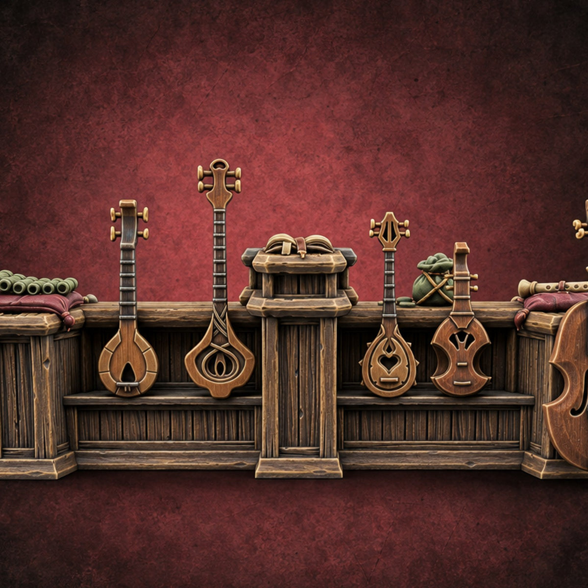 Strings Hung Wooden Music Store Furniture A — painted concept preview (terrain supplied unpainted)