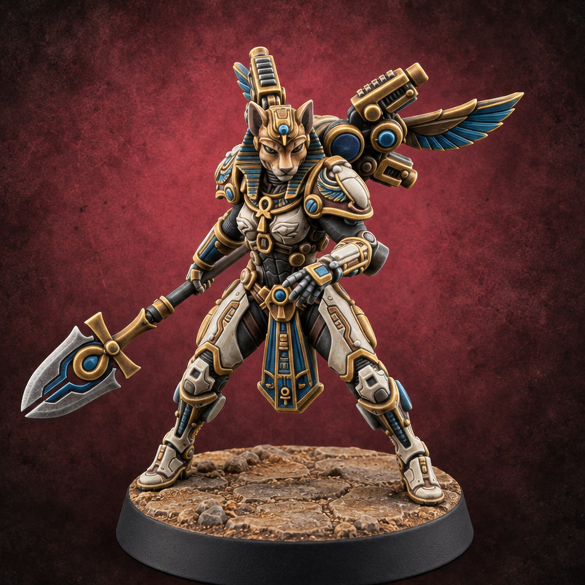 The Temple Cat Went Orbital Tabaxi Female Warrior with Ankh Spear and Winged Backpack — painted concept preview (miniature supplied unpainted)