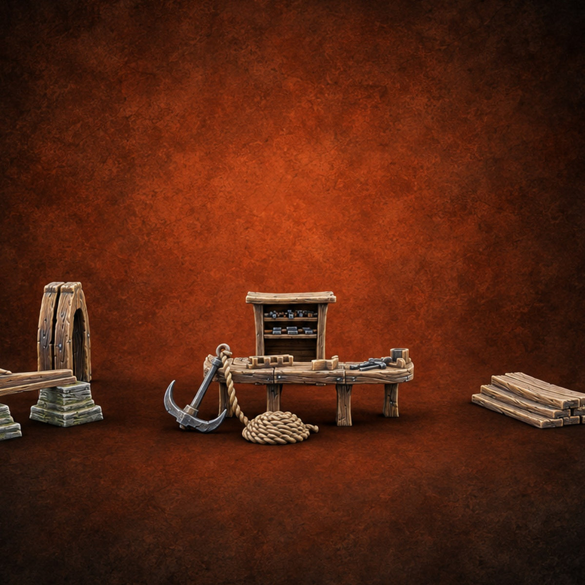 Measure Twice, Moor Once Wooden Boat Builder Workbench — painted concept preview (terrain supplied unpainted)