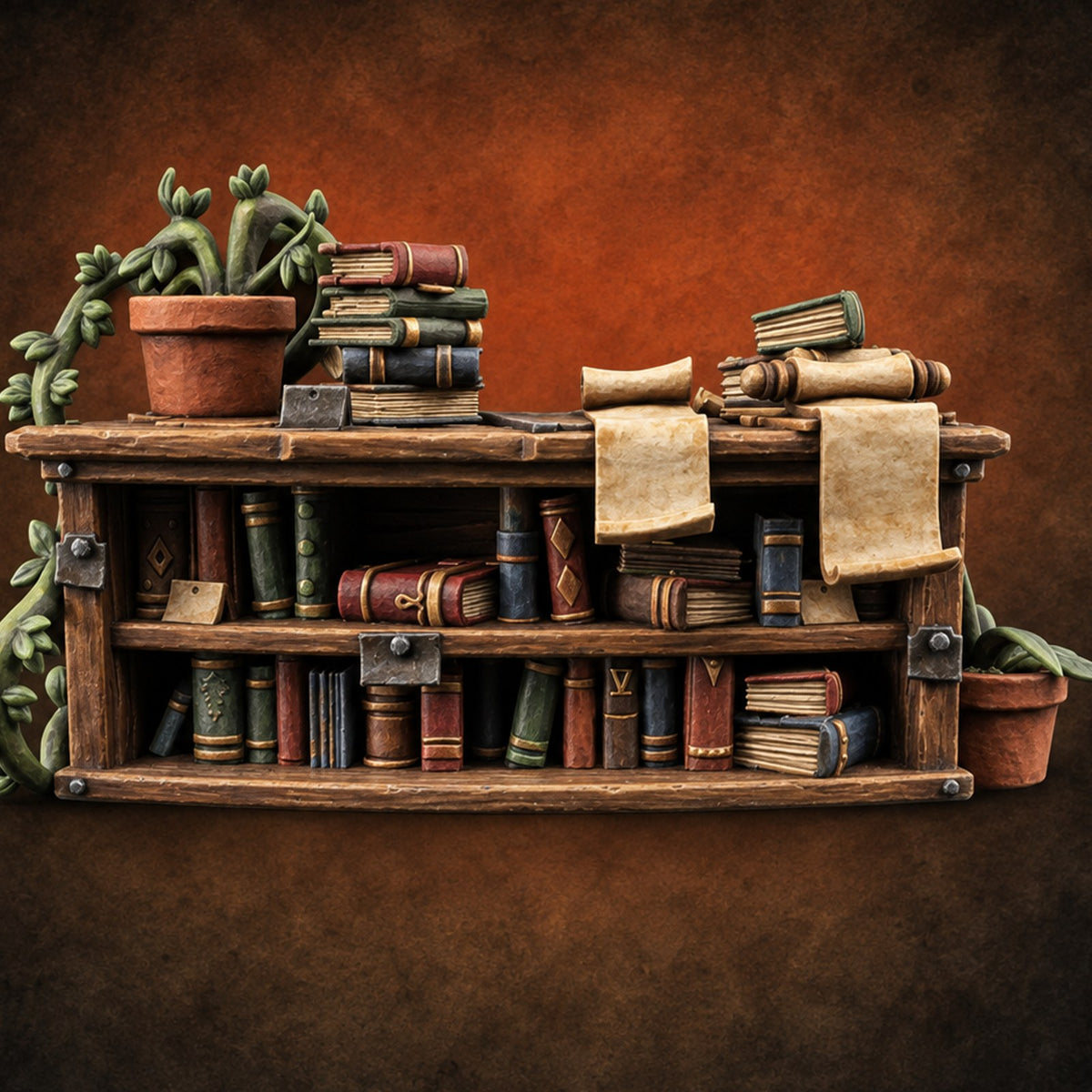 Overstuffed Library Bookshelf F — painted concept preview (terrain supplied unpainted)
