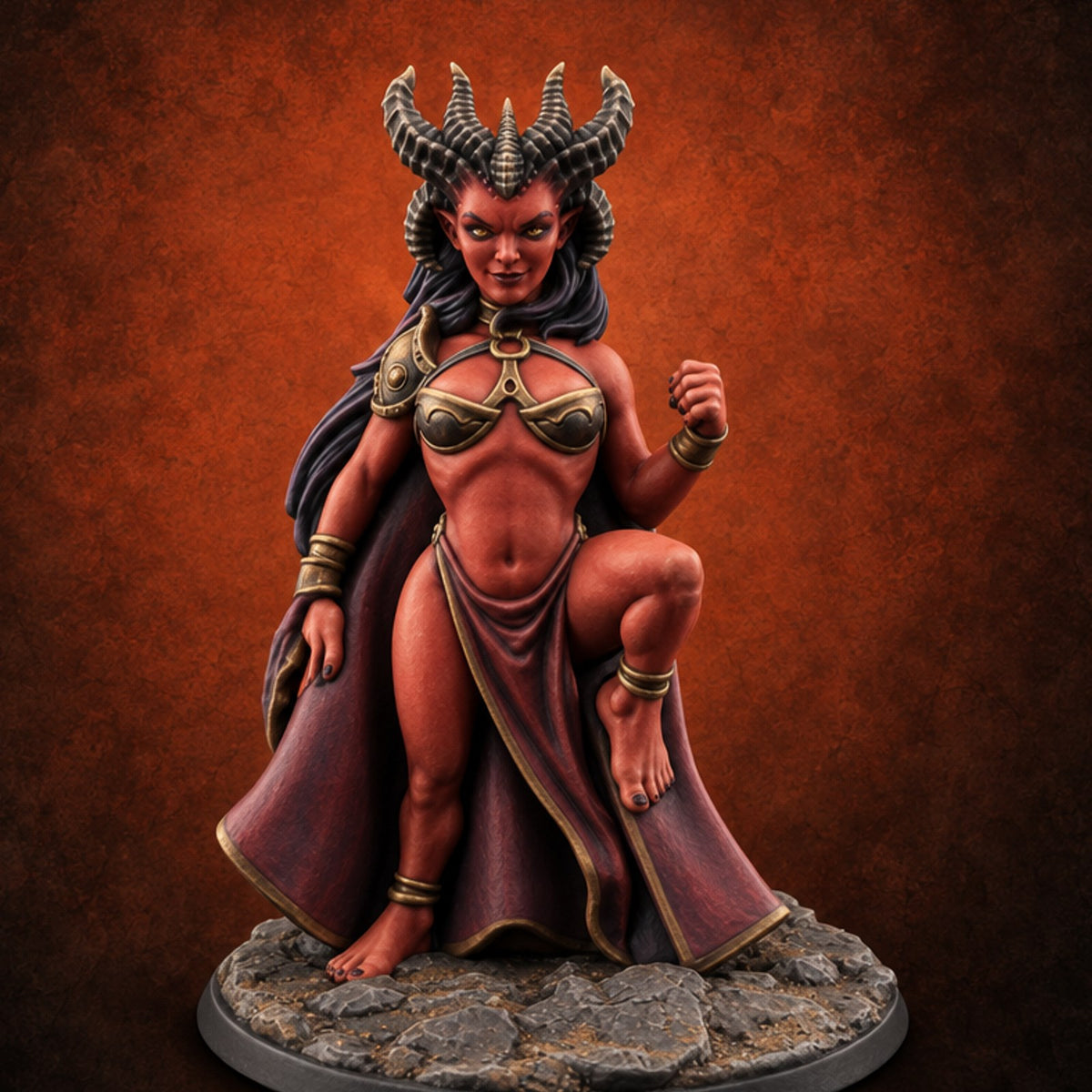 Devilish Footwork Succubus Horned Fiend Dancer with Cape B — painted concept preview (miniature supplied unpainted)