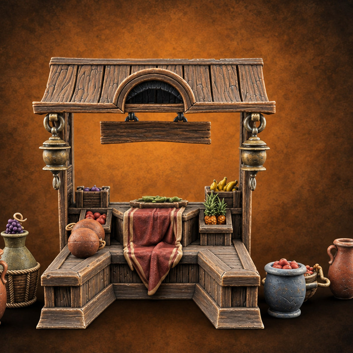 Grapes Weighed, Prices Shouted Wooden Food Market Stall A — painted concept preview (terrain supplied unpainted)