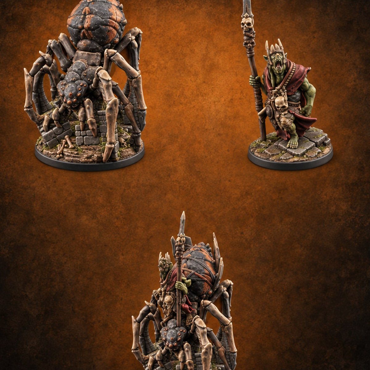 Webs Over Crumbling Brick Goblin Chief and Giant Spider — painted concept preview (miniature supplied unpainted)