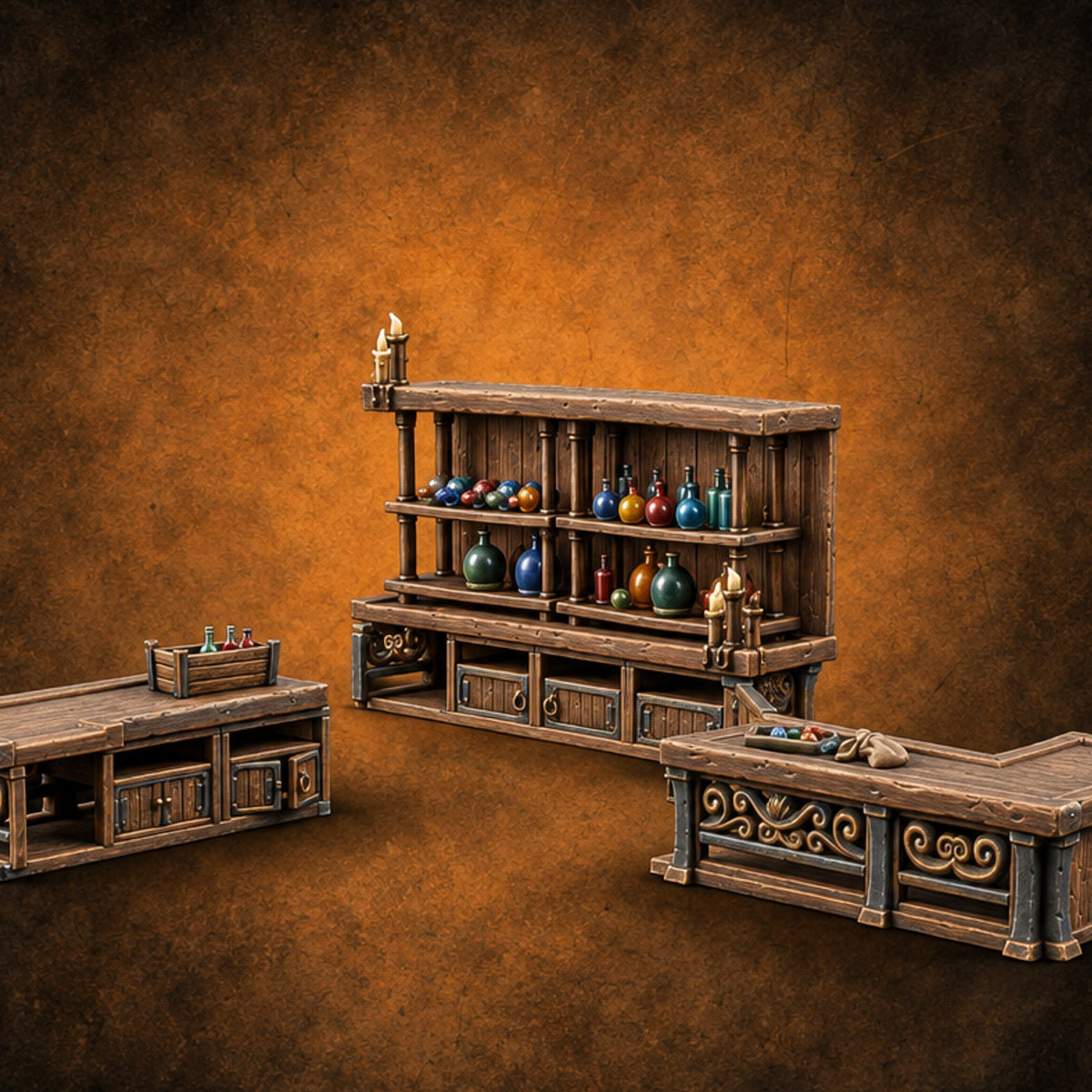Blown Glass, Blown Budget Wooden Shop Counter Set — painted concept preview (terrain supplied unpainted)