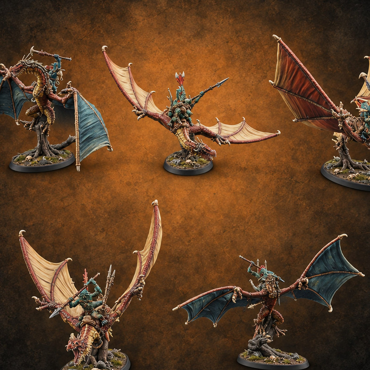 Reckless at Altitude Lizardfolk Riders on Wyverns — painted concept preview (miniature supplied unpainted)