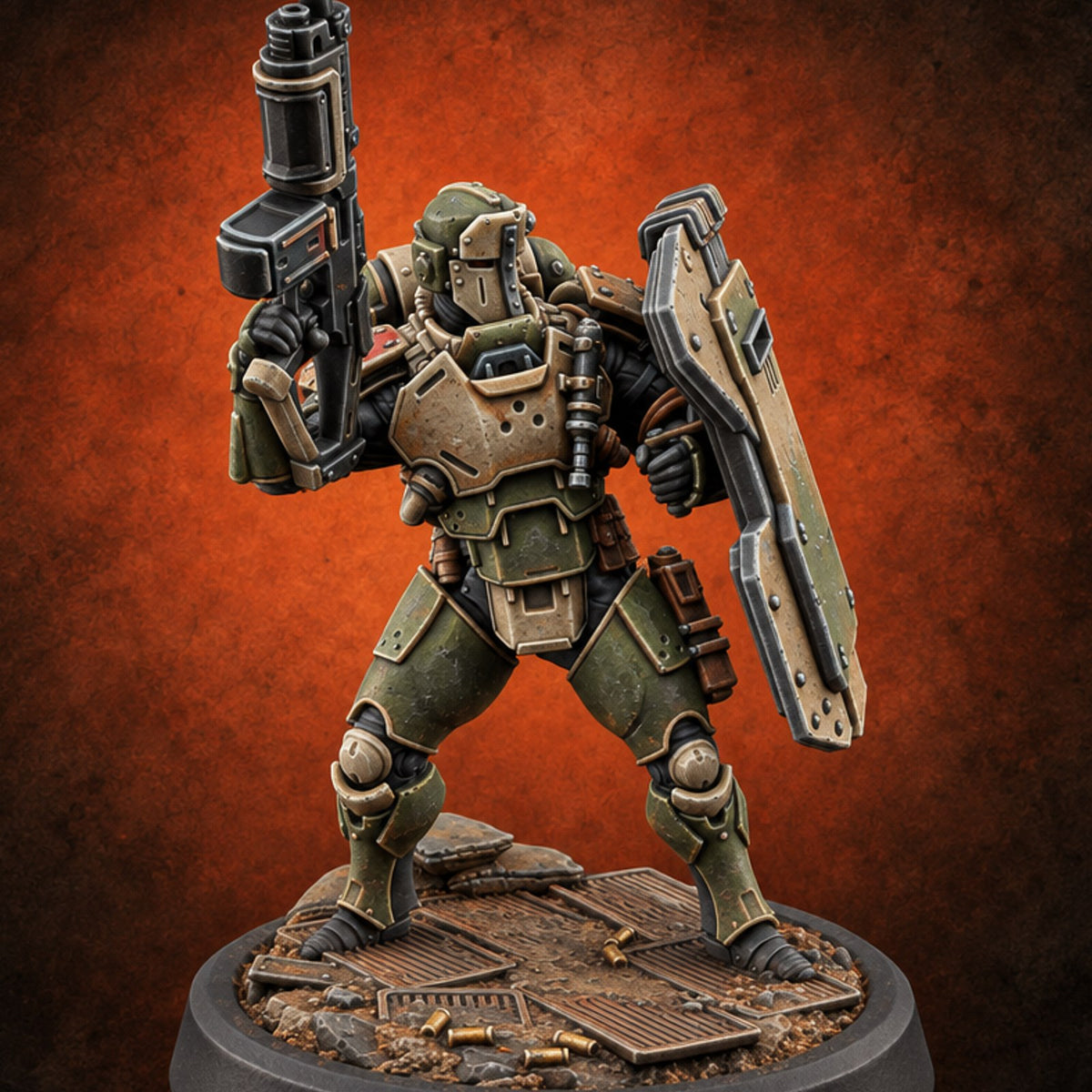Peek Through the Slot, Regret Nothing Human Shield Soldier B — painted concept preview (miniature supplied unpainted)