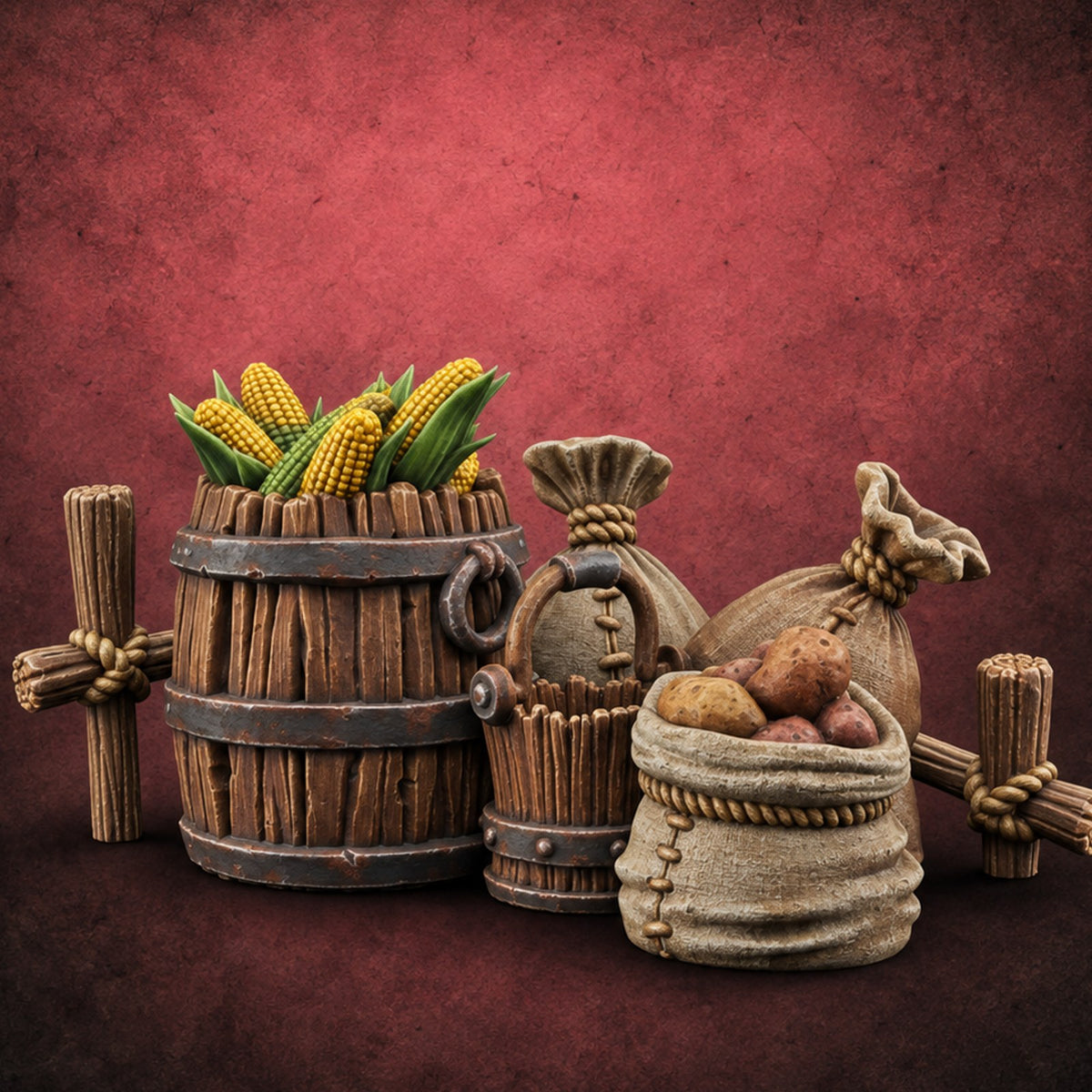 Orchard Chores Farmyard Scatter Piece B — painted concept preview (terrain supplied unpainted)
