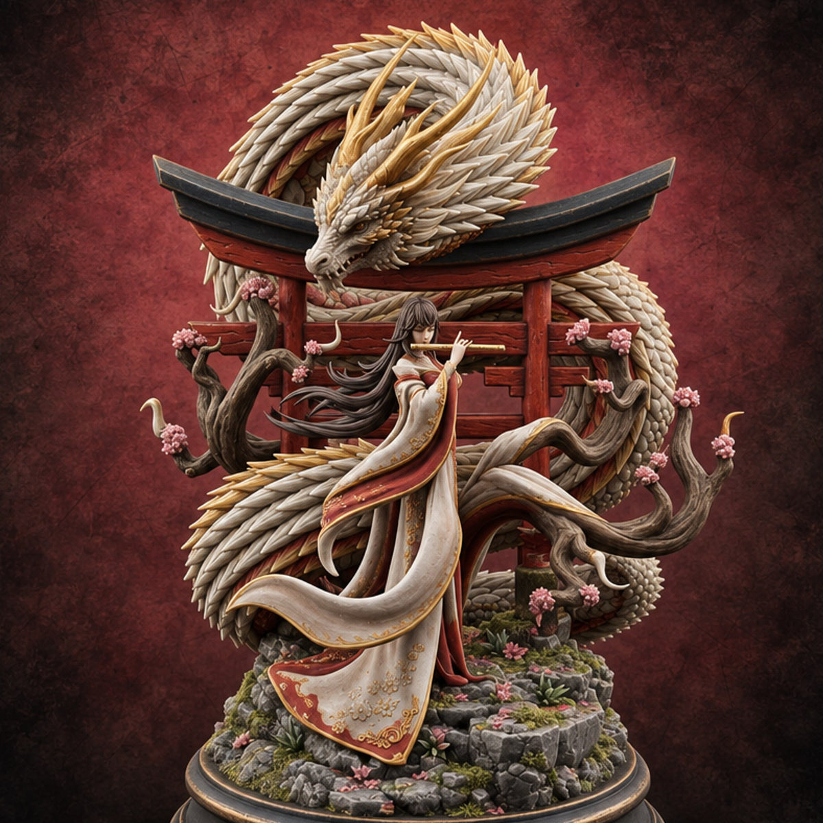 Serenade for a Sleeping Serpent Imperial Dragon Coiled Around Torii Gate with Female Flautist — painted concept preview (miniature supplied unpainted)