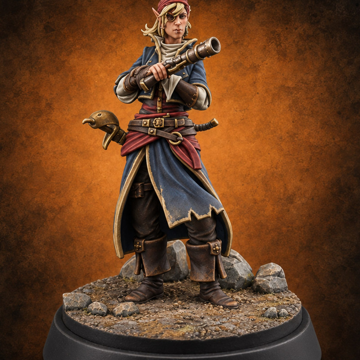 Sea Legs on Dry Rocks Elf Pirate Gunslinger — painted concept preview (miniature supplied unpainted)