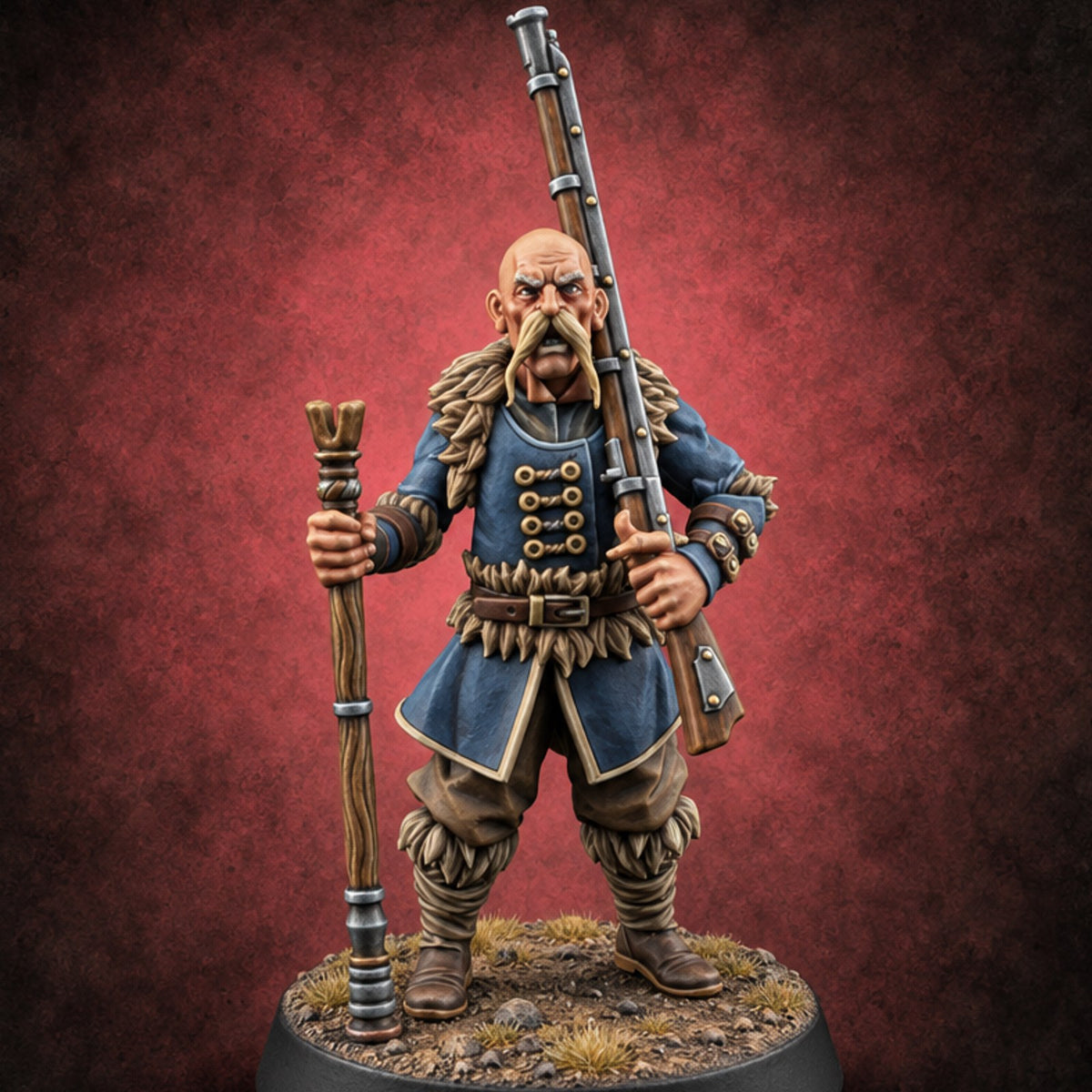 Forked Rests, Fuses Fizzing Human Gunner C — painted concept preview (miniature supplied unpainted)