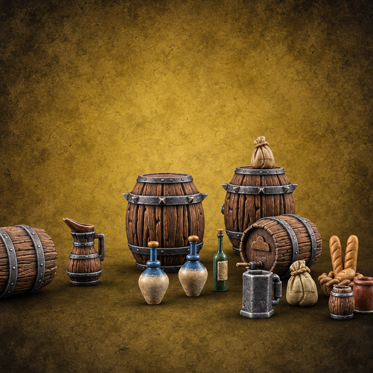 Tapped Out by Closing Time Wooden Tavern Barrels and Drinkware — painted concept preview (terrain supplied unpainted)