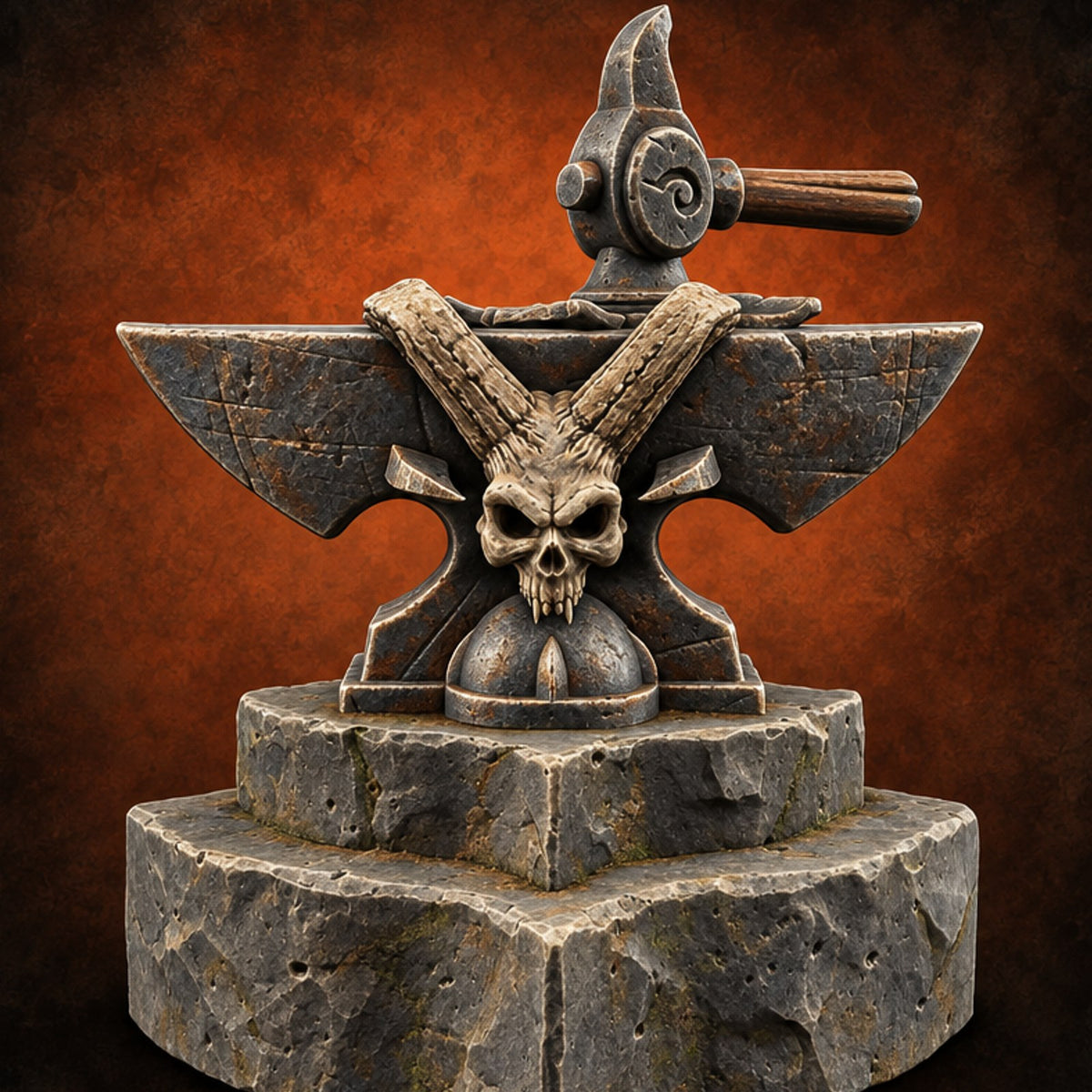 Horns Hold the Hammer Still Stone Skull Anvil with Hammer — painted concept preview (terrain supplied unpainted)