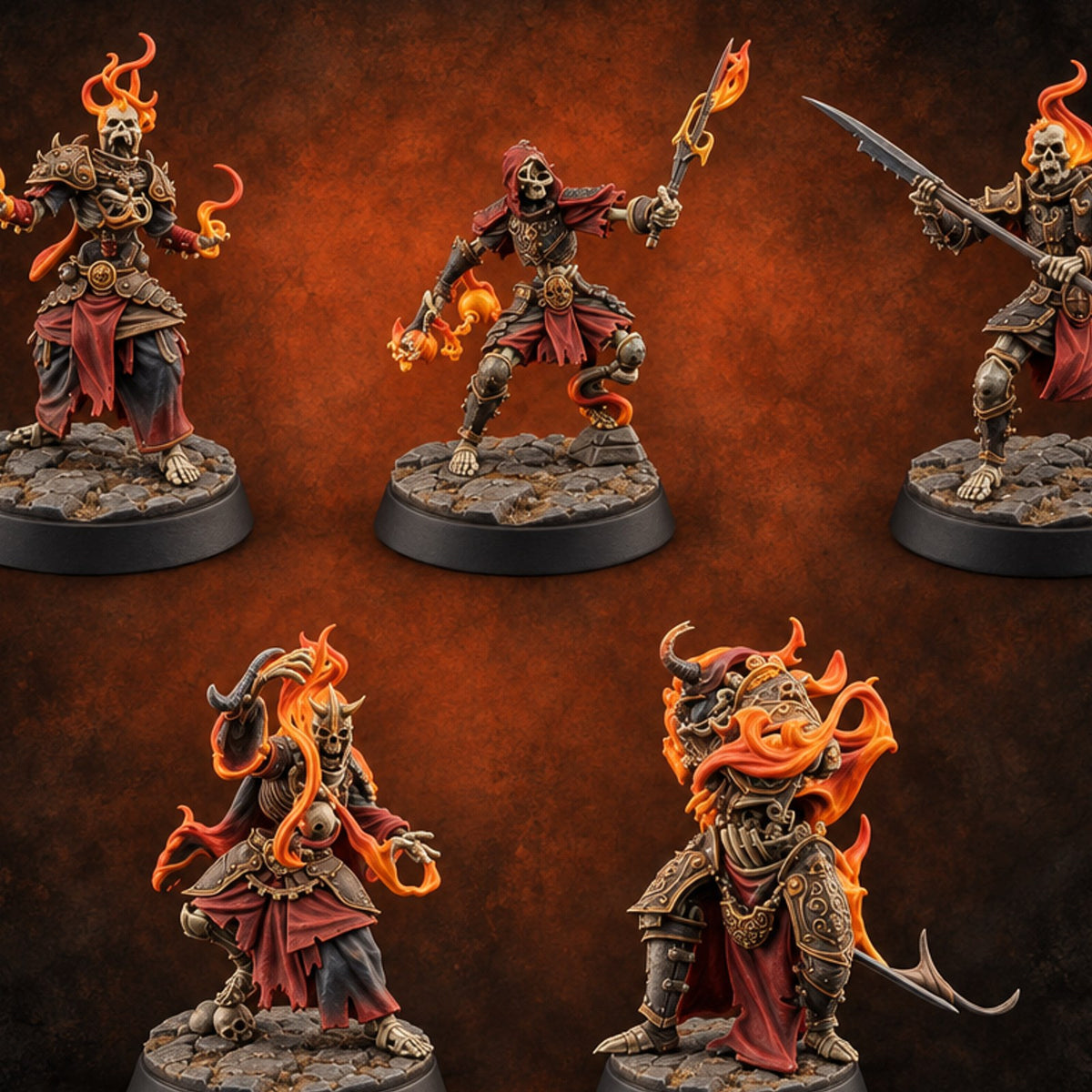 Skulls Aflame Skeleton Warriors with Boss — painted concept preview (miniature supplied unpainted)