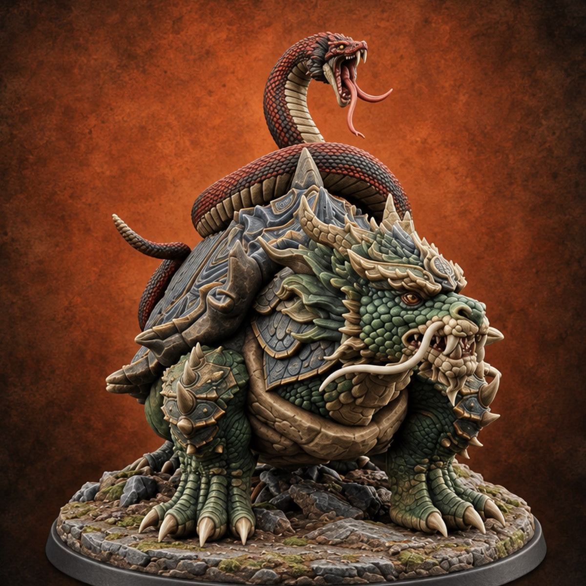 The Stowaway Never Left Dragon Turtle with Coiled Serpent — painted concept preview (miniature supplied unpainted)