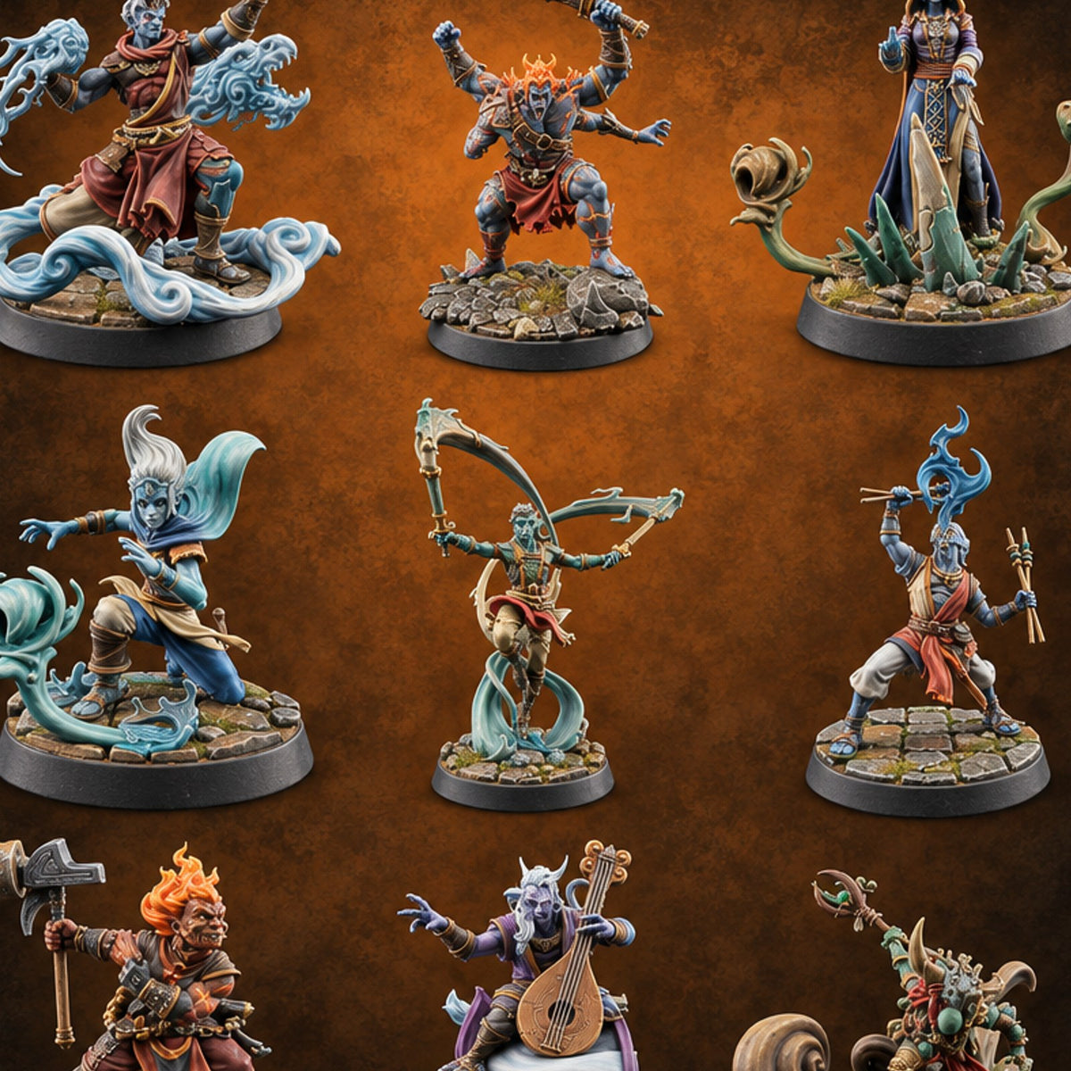 Every Element Answers the Call Genasi Elemental Adventurers — painted concept preview (miniature supplied unpainted)