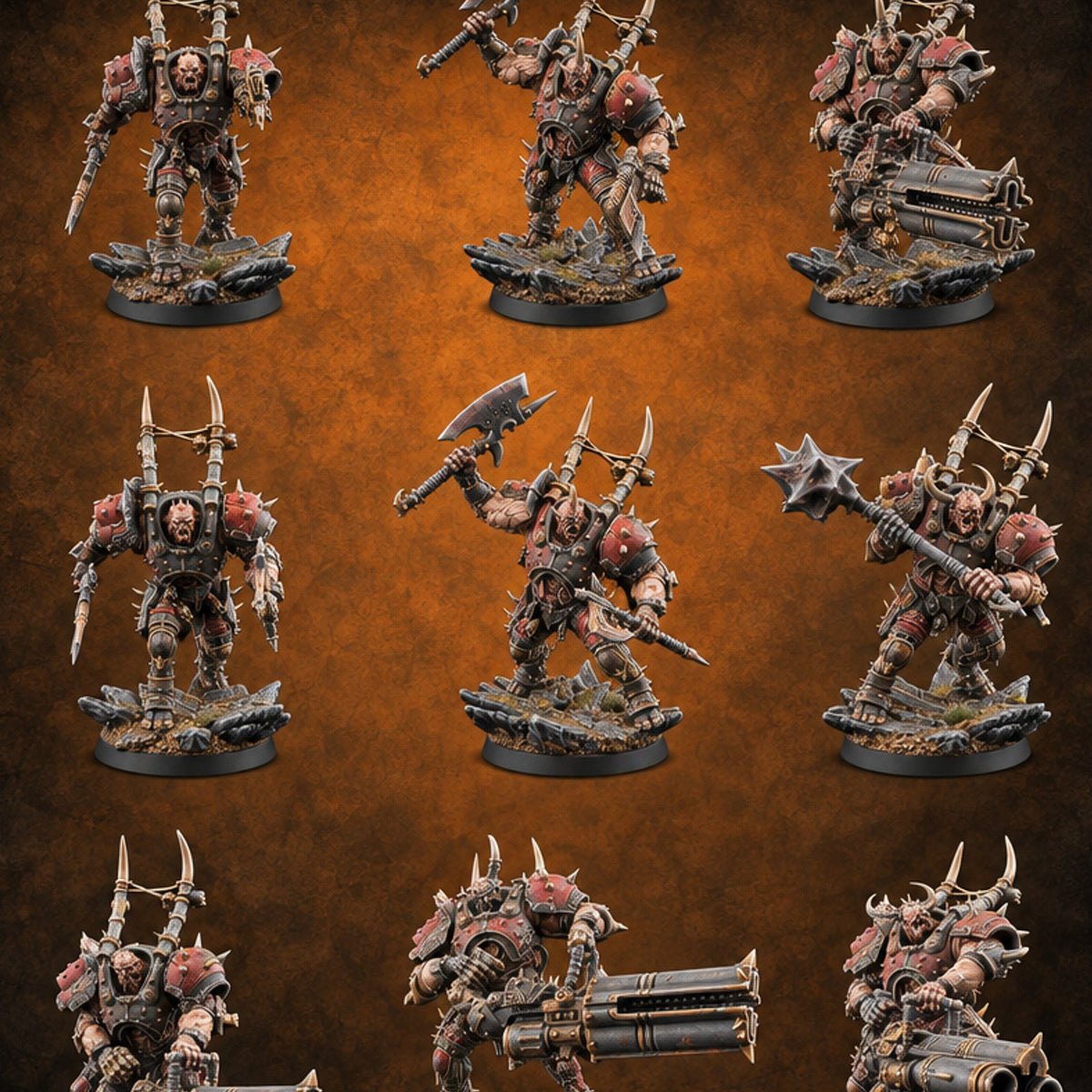 Heavy Metal, Heavier Hands Ogre Armoured Brutes with Axes, Maces and Heavy Cannons — painted concept preview (miniature supplied unpainted)