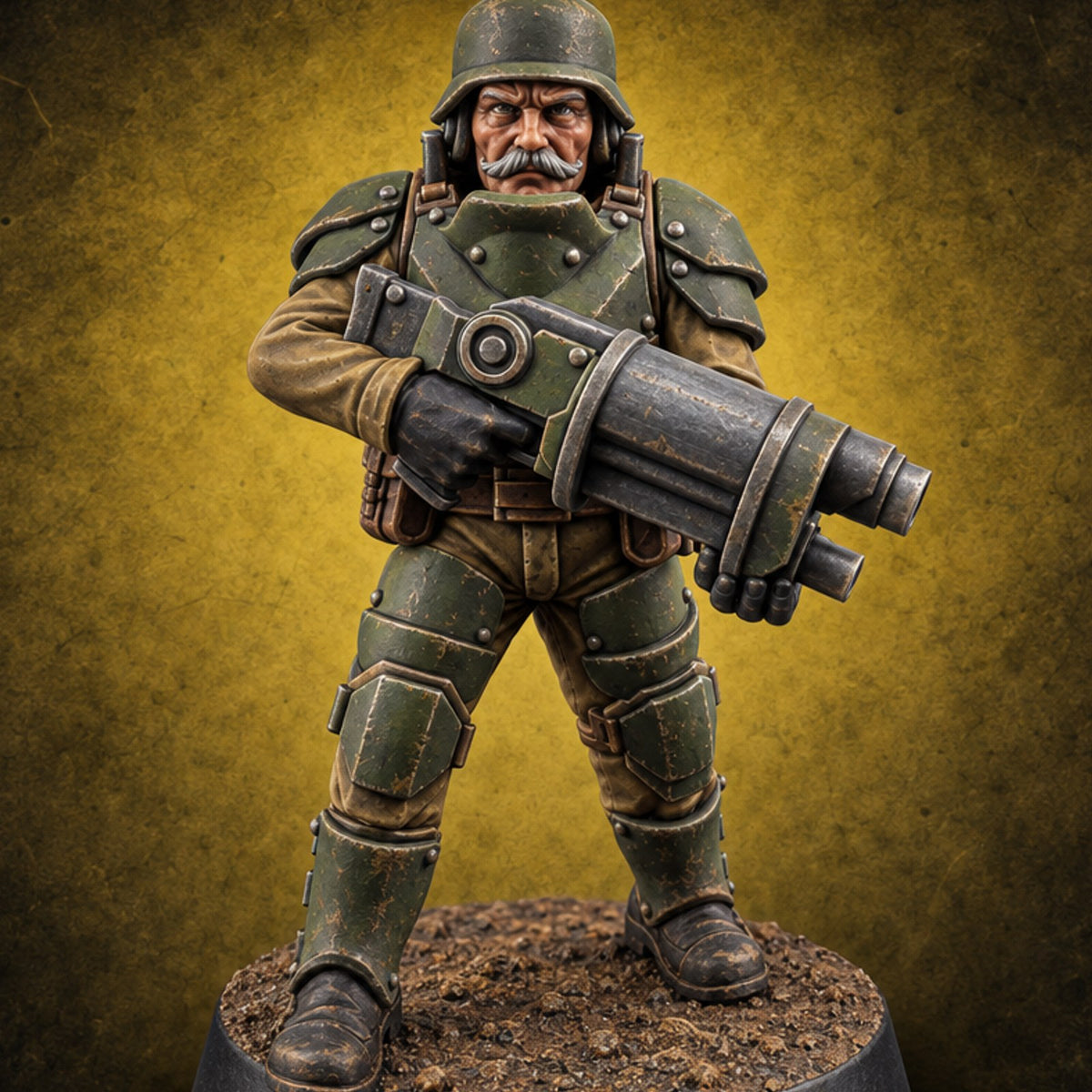 Trust the Moustache Human Armoured Heavy Weapons Soldier D — painted concept preview (miniature supplied unpainted)
