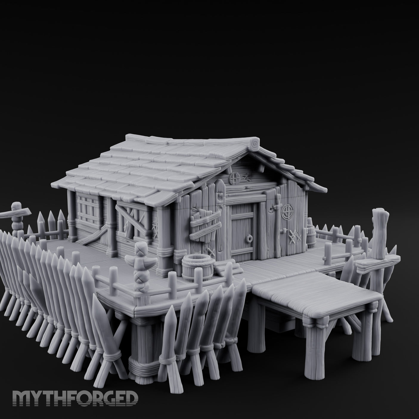Palisade-Ringed Plank-Decked Frontier Supply Store Miniature for Dungeons and Dragons, Pathfinder or other TTRPGs