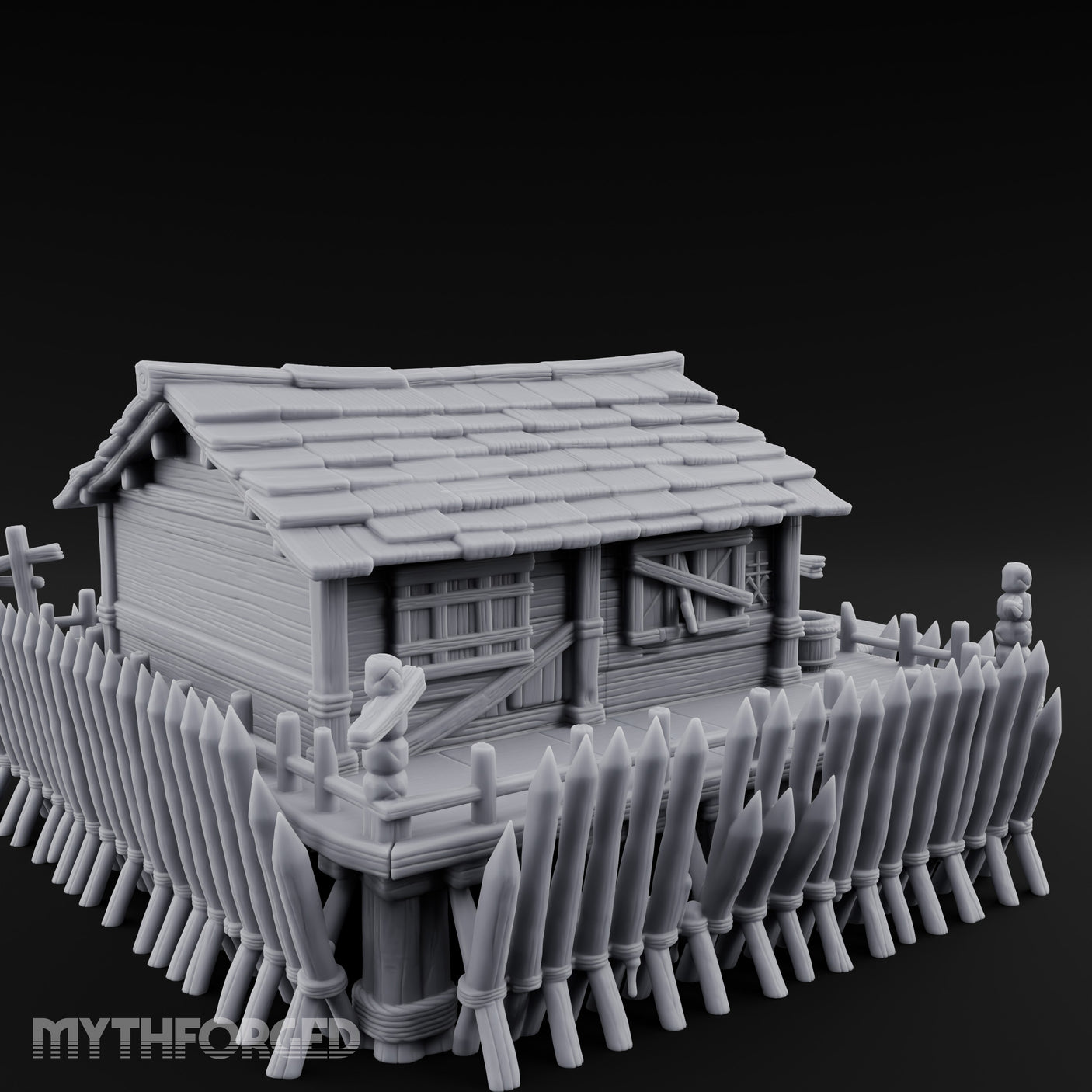 Palisade-Ringed Plank-Decked Frontier Supply Store Miniature for Dungeons and Dragons, Pathfinder or other TTRPGs