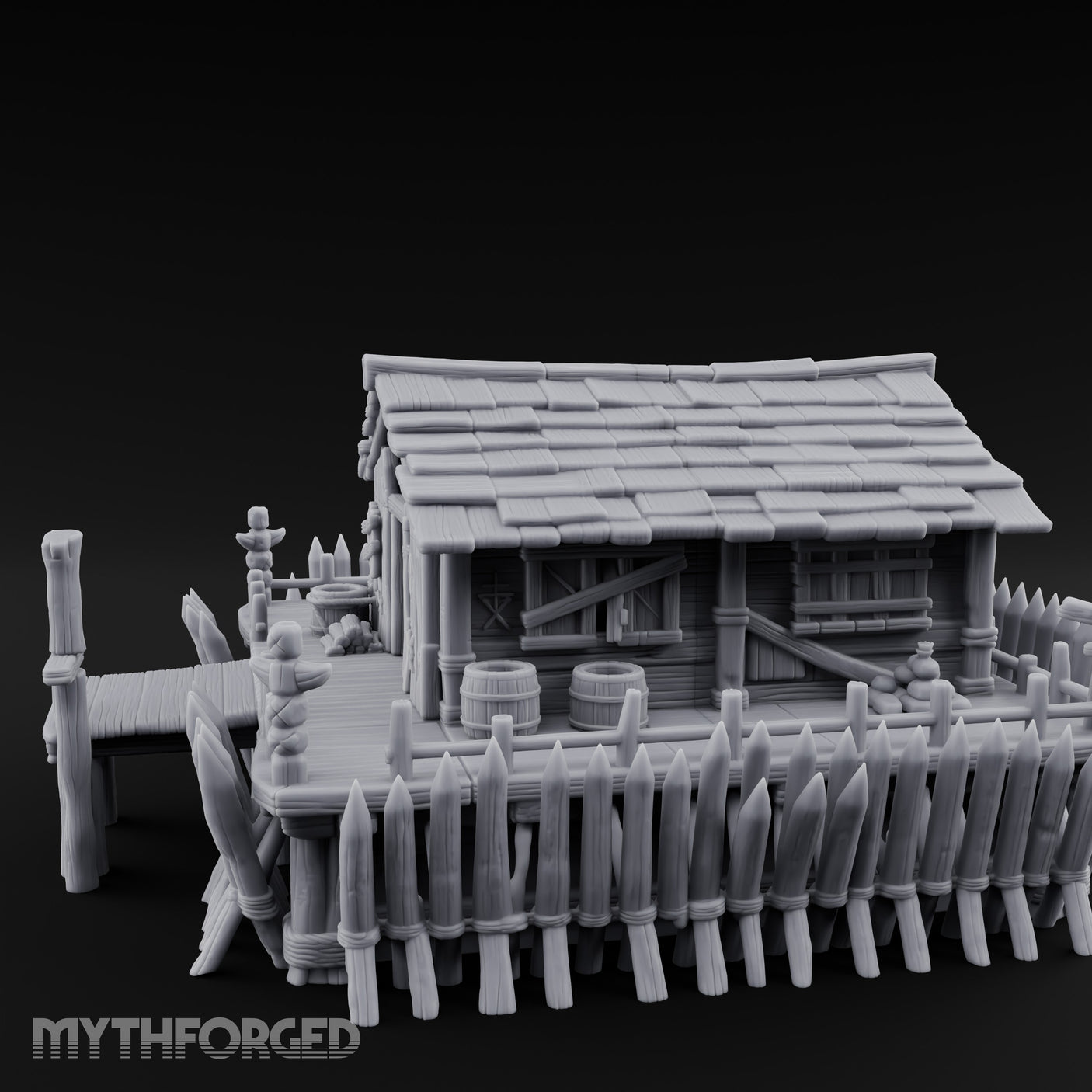 Palisade-Ringed Plank-Decked Frontier Supply Store Miniature for Dungeons and Dragons, Pathfinder or other TTRPGs