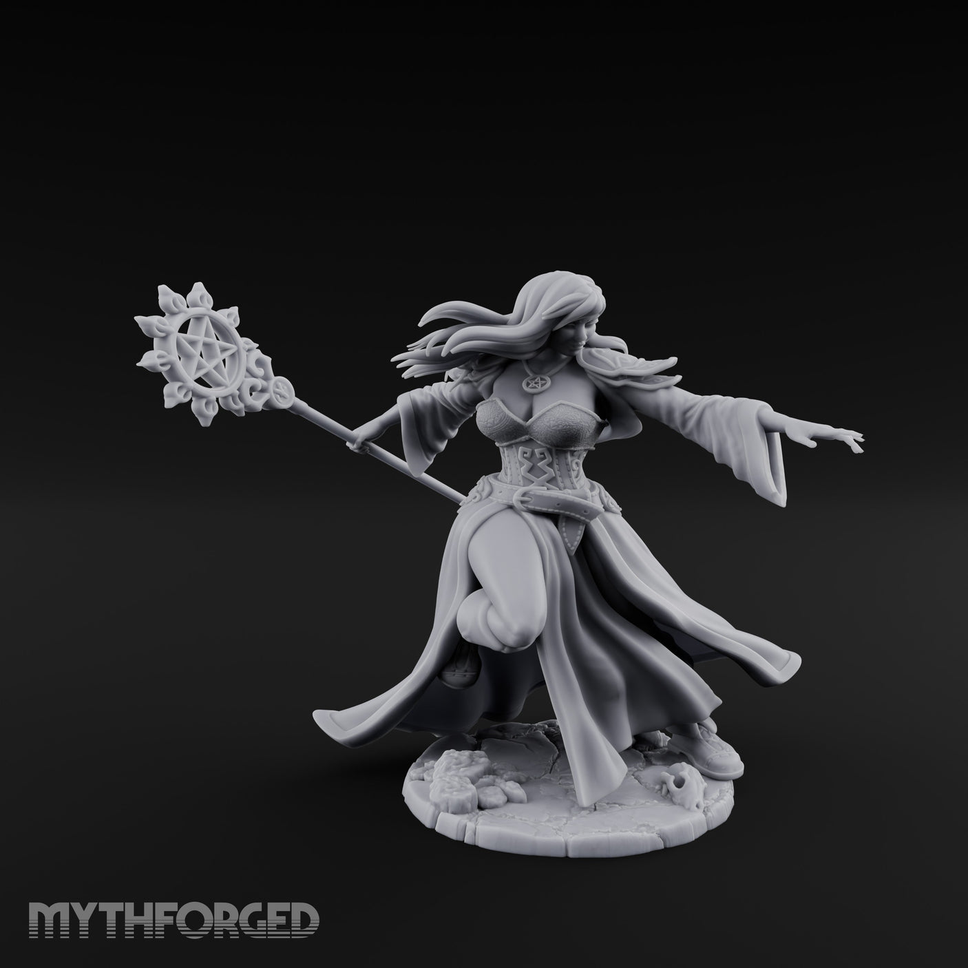 Pentagram Staff Casting Human Sorceress Miniature for Dungeons and Dragons, Pathfinder or other TTRPGs