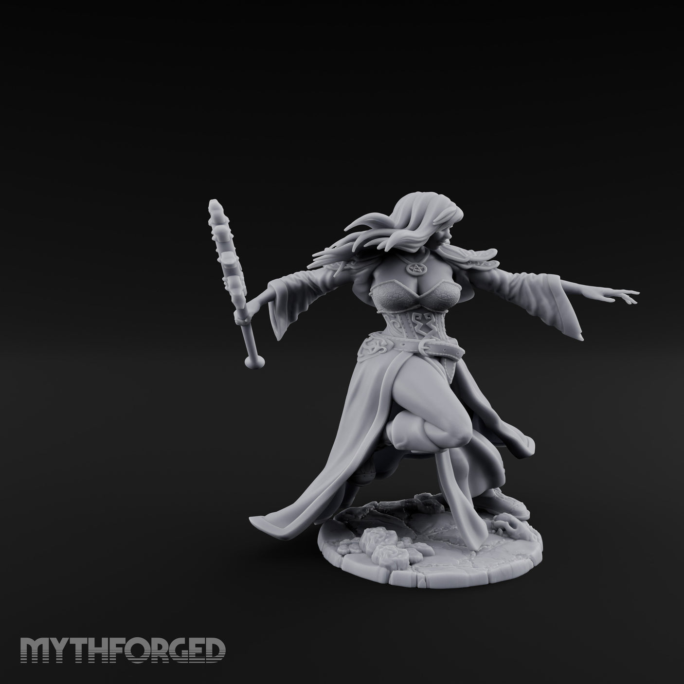 Pentagram Staff Casting Human Sorceress Miniature for Dungeons and Dragons, Pathfinder or other TTRPGs