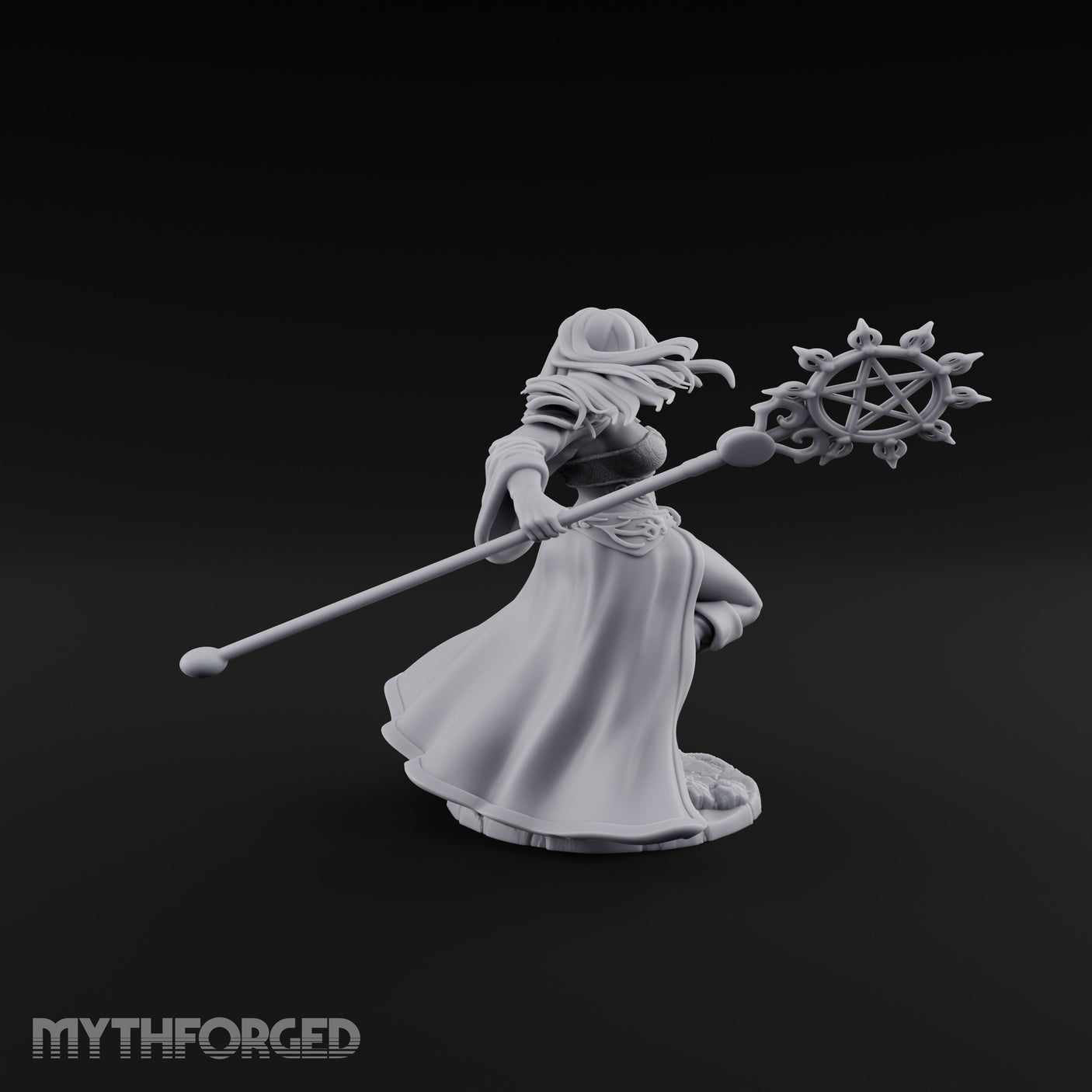Pentagram Staff Casting Human Sorceress Miniature for Dungeons and Dragons, Pathfinder or other TTRPGs