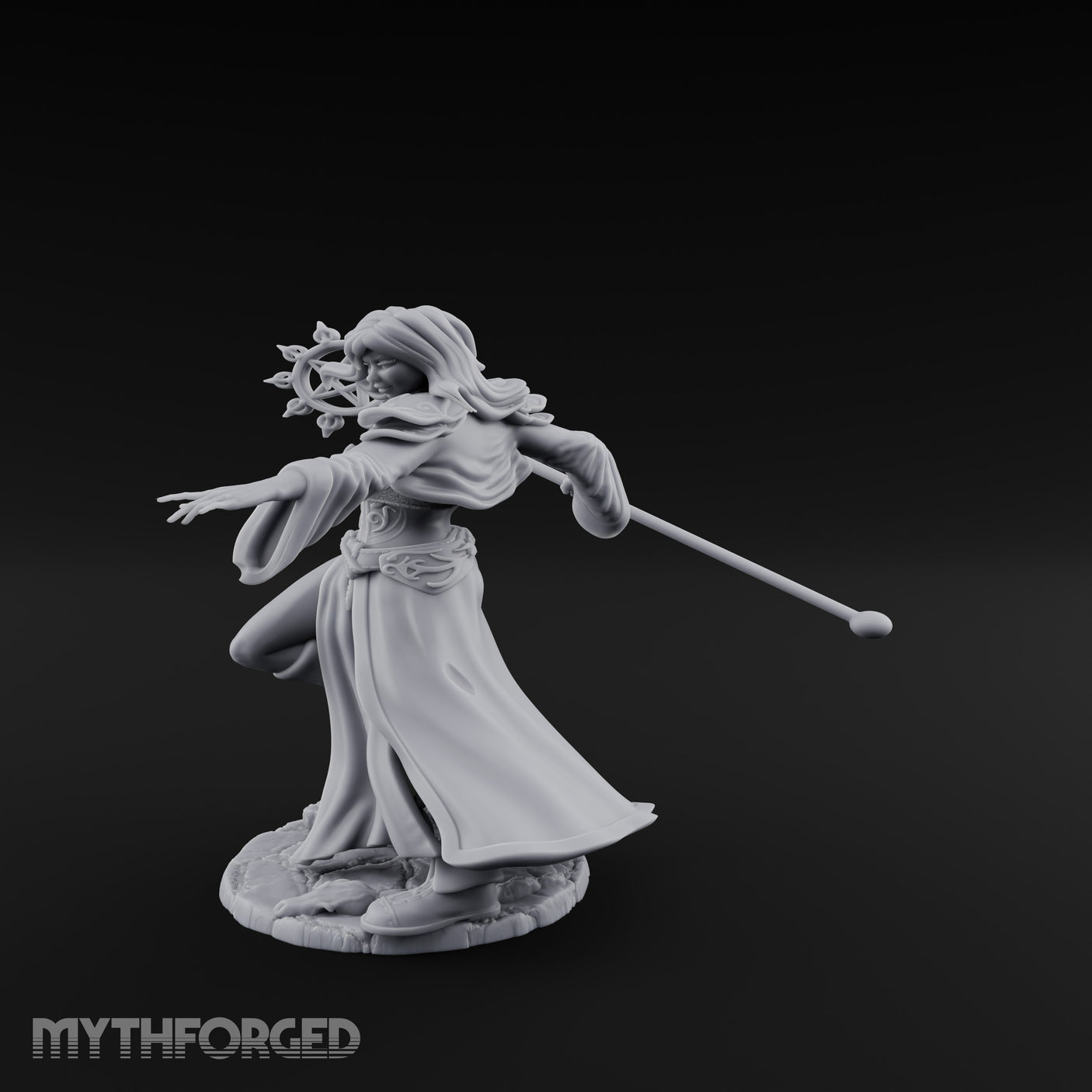 Pentagram Staff Casting Human Sorceress Miniature for Dungeons and Dragons, Pathfinder or other TTRPGs