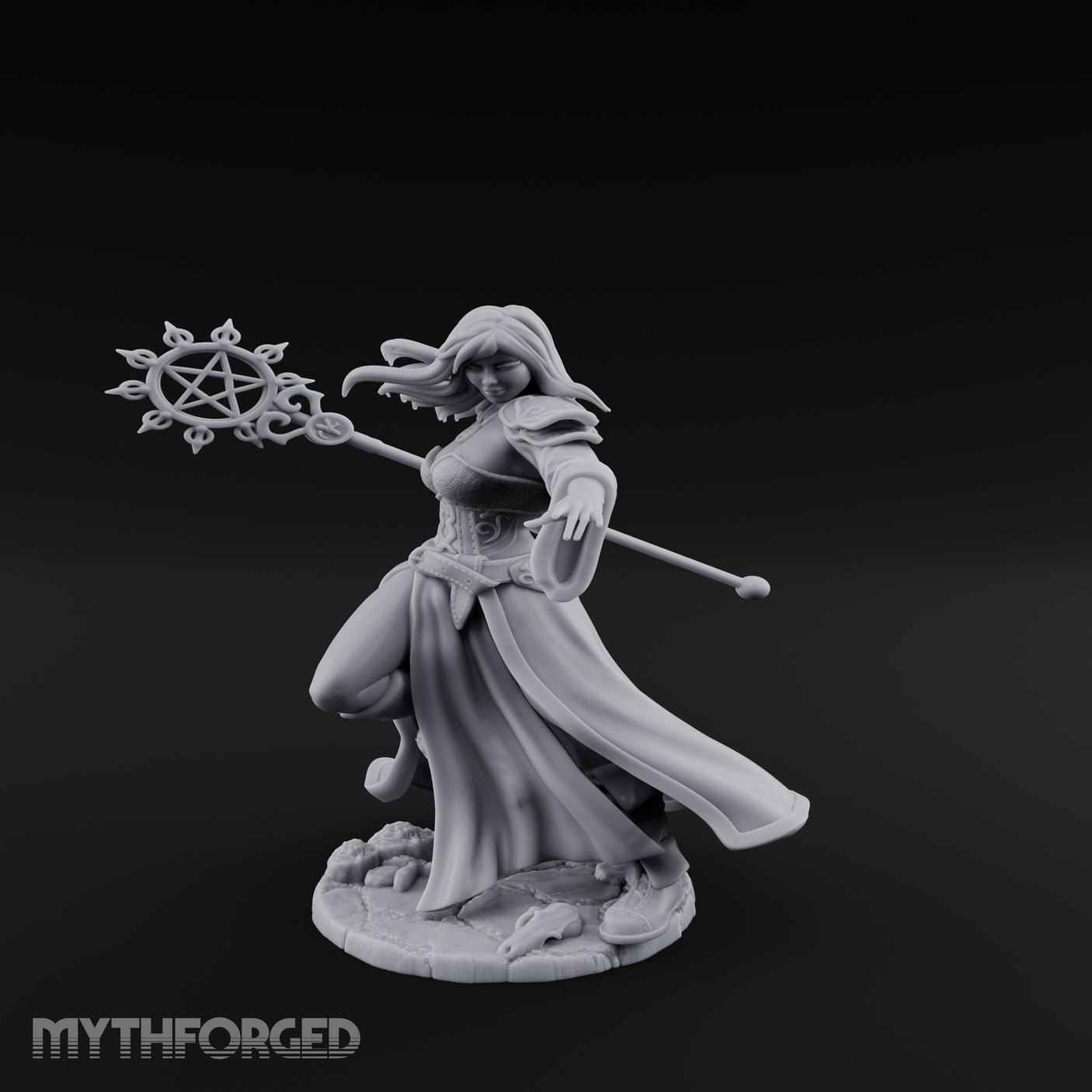 Pentagram Staff Casting Human Sorceress Miniature for Dungeons and Dragons, Pathfinder or other TTRPGs