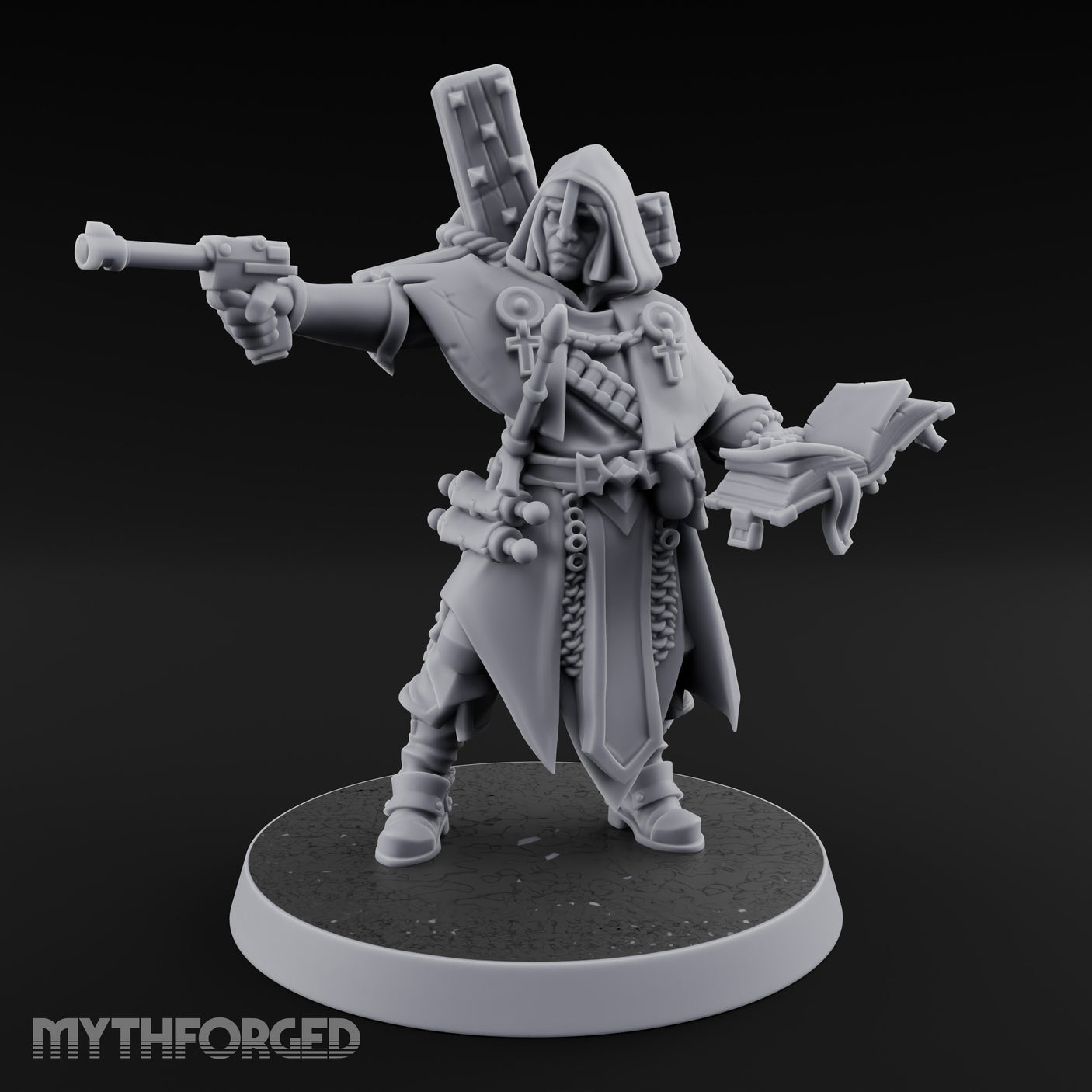 Pistol Aiming Scripture Clutching Human Trench Cleric Miniature for Dungeons and Dragons, Pathfinder or other TTRPGs