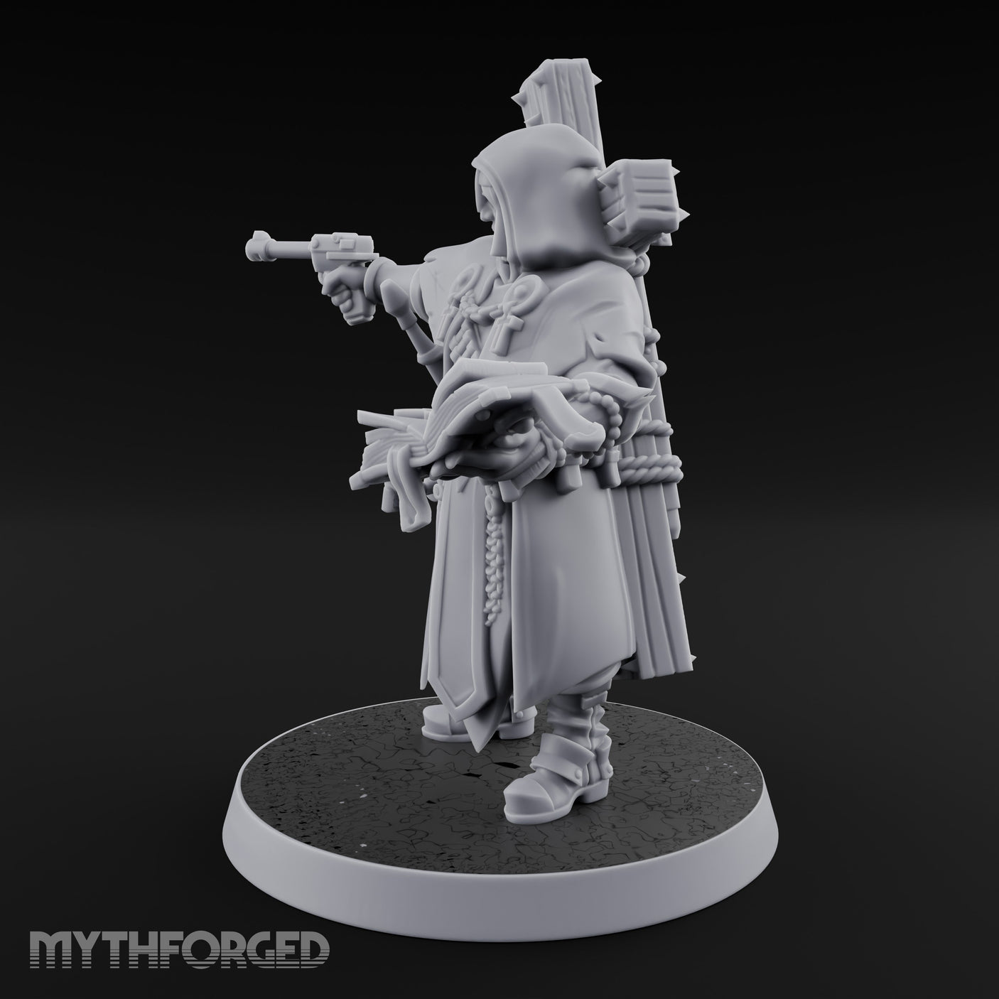 Pistol Aiming Scripture Clutching Human Trench Cleric Miniature for Dungeons and Dragons, Pathfinder or other TTRPGs