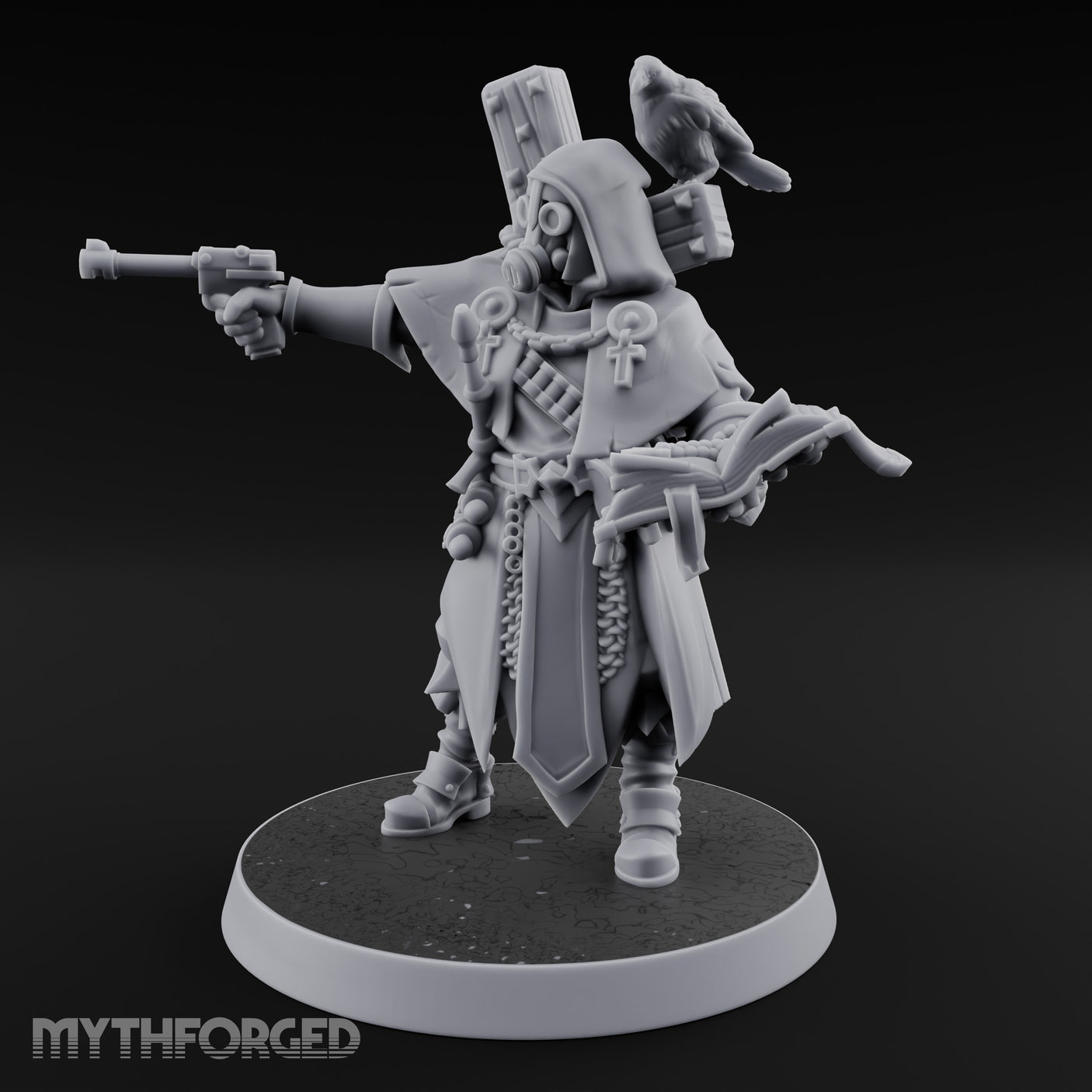 Pistol Aiming Scripture Clutching Human Trench Cleric Miniature for Dungeons and Dragons, Pathfinder or other TTRPGs
