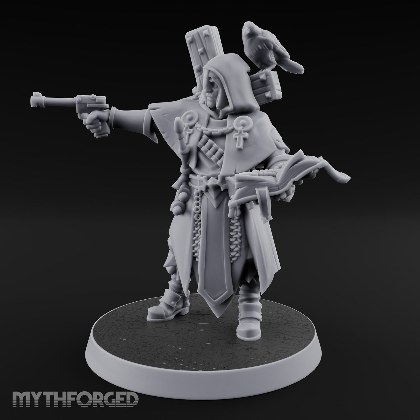 Pistol Aiming Scripture Clutching Human Trench Cleric Miniature for Dungeons and Dragons, Pathfinder or other TTRPGs