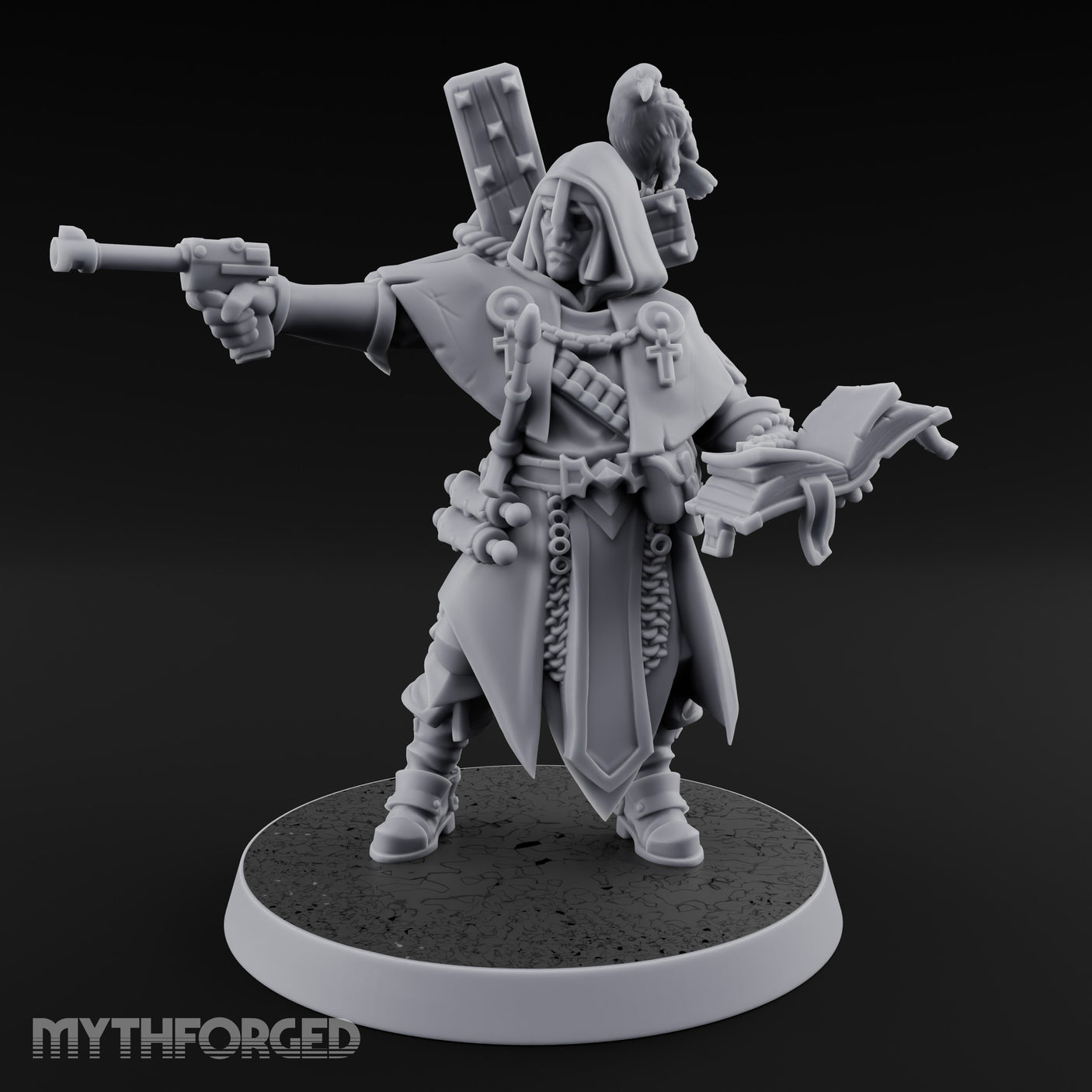Pistol Aiming Scripture Clutching Human Trench Cleric Miniature for Dungeons and Dragons, Pathfinder or other TTRPGs