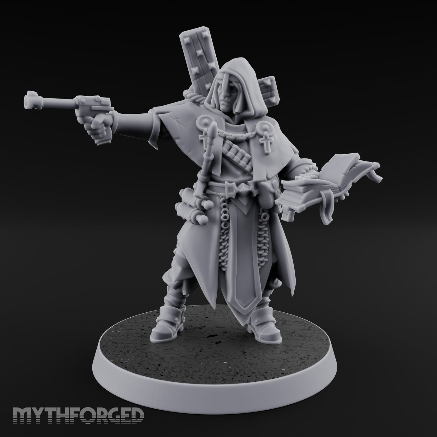 Pistol Aiming Scripture Clutching Human Trench Cleric Miniature for Dungeons and Dragons, Pathfinder or other TTRPGs