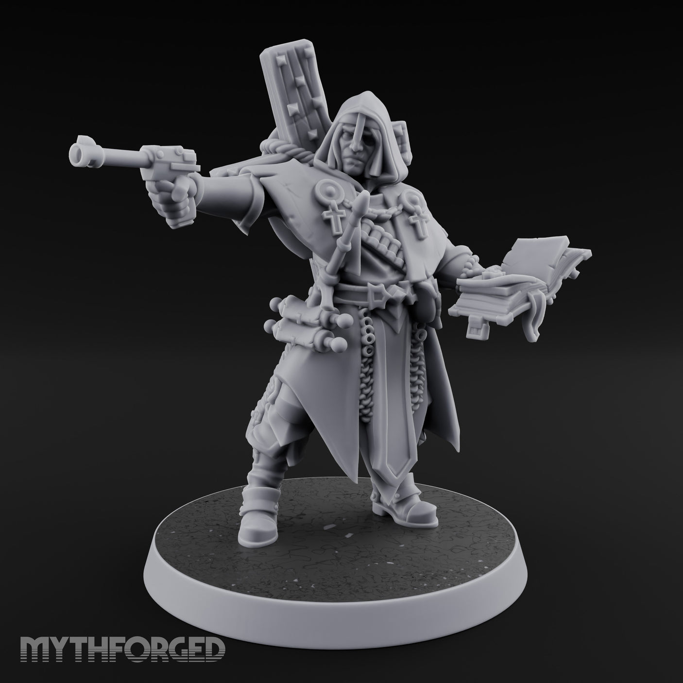 Pistol Aiming Scripture Clutching Human Trench Cleric Miniature for Dungeons and Dragons, Pathfinder or other TTRPGs