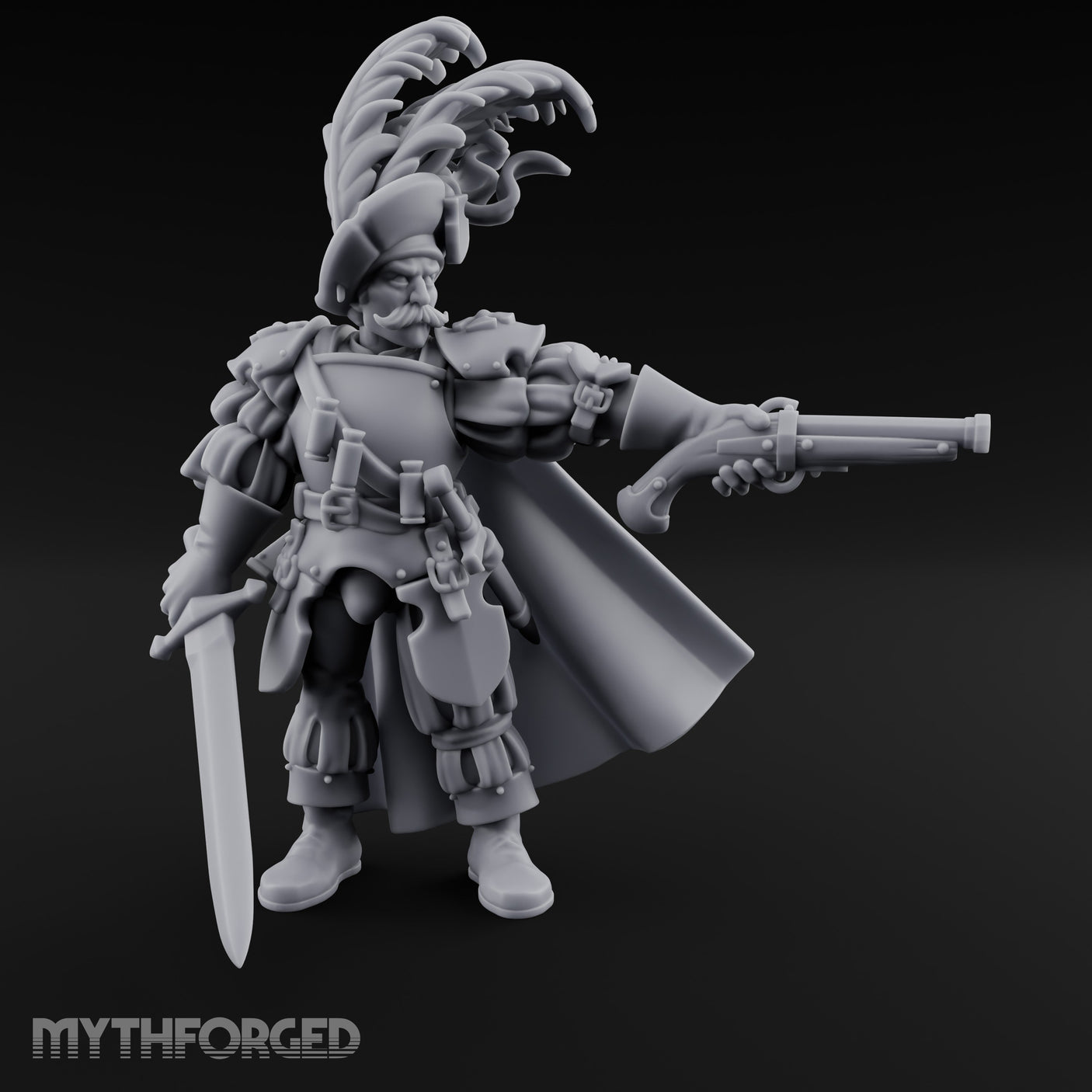 Pistol Levelled Sword Drawn Human Captain Miniature for Dungeons and Dragons, Pathfinder or other TTRPGs