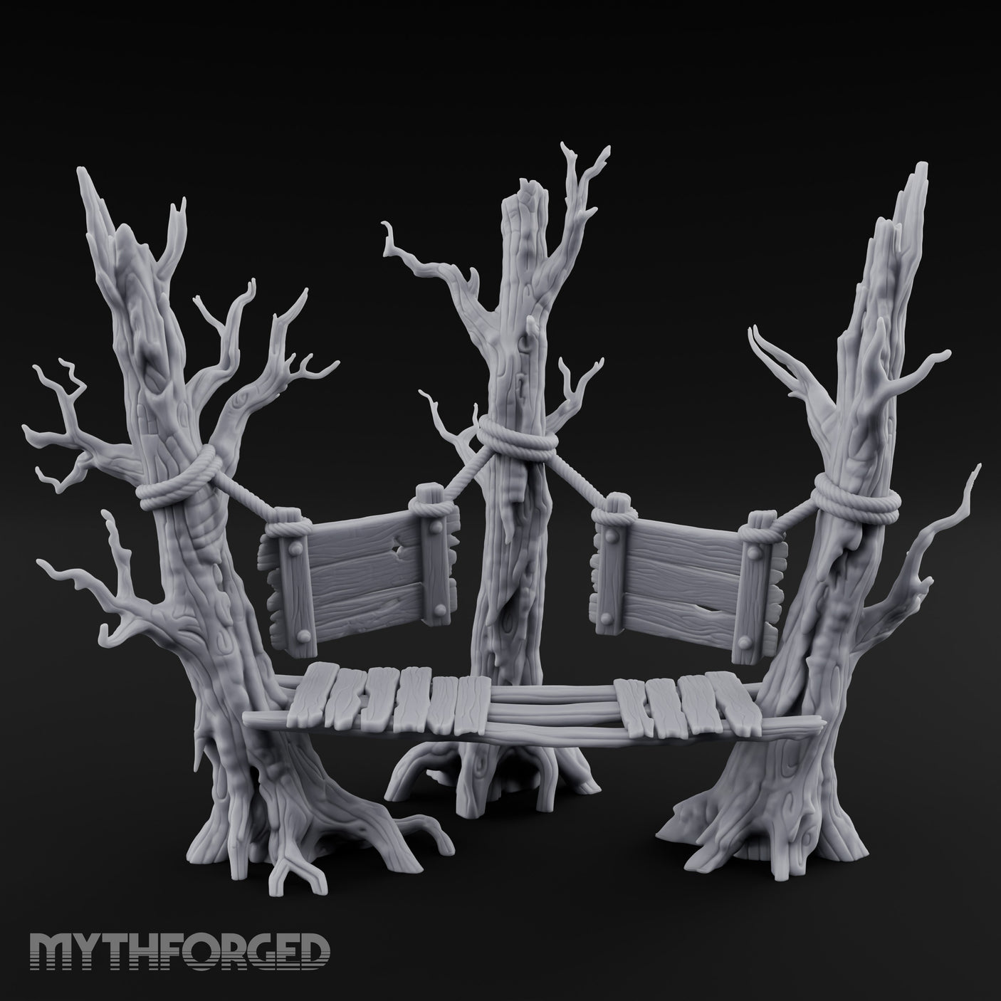 Plank-Bridged Rope-Lashed Dead Tree Bench Set Miniature for Dungeons and Dragons, Pathfinder or other TTRPGs