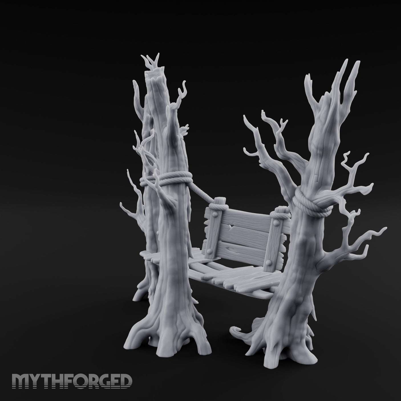 Plank-Bridged Rope-Lashed Dead Tree Bench Set Miniature for Dungeons and Dragons, Pathfinder or other TTRPGs