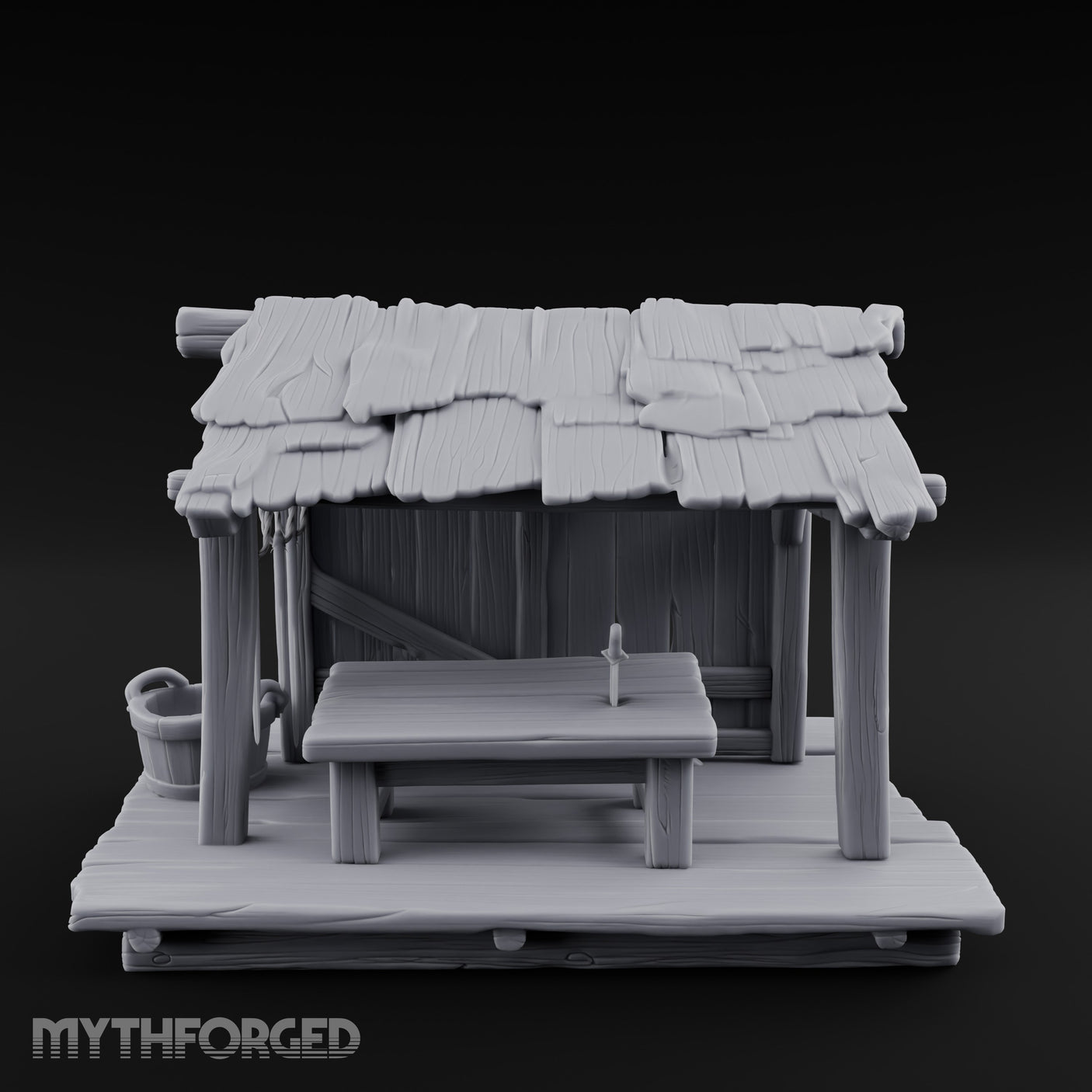 Plank-Floored Bucket-Hung Fishmonger Canopy Stall Miniature for Dungeons and Dragons, Pathfinder or other TTRPGs