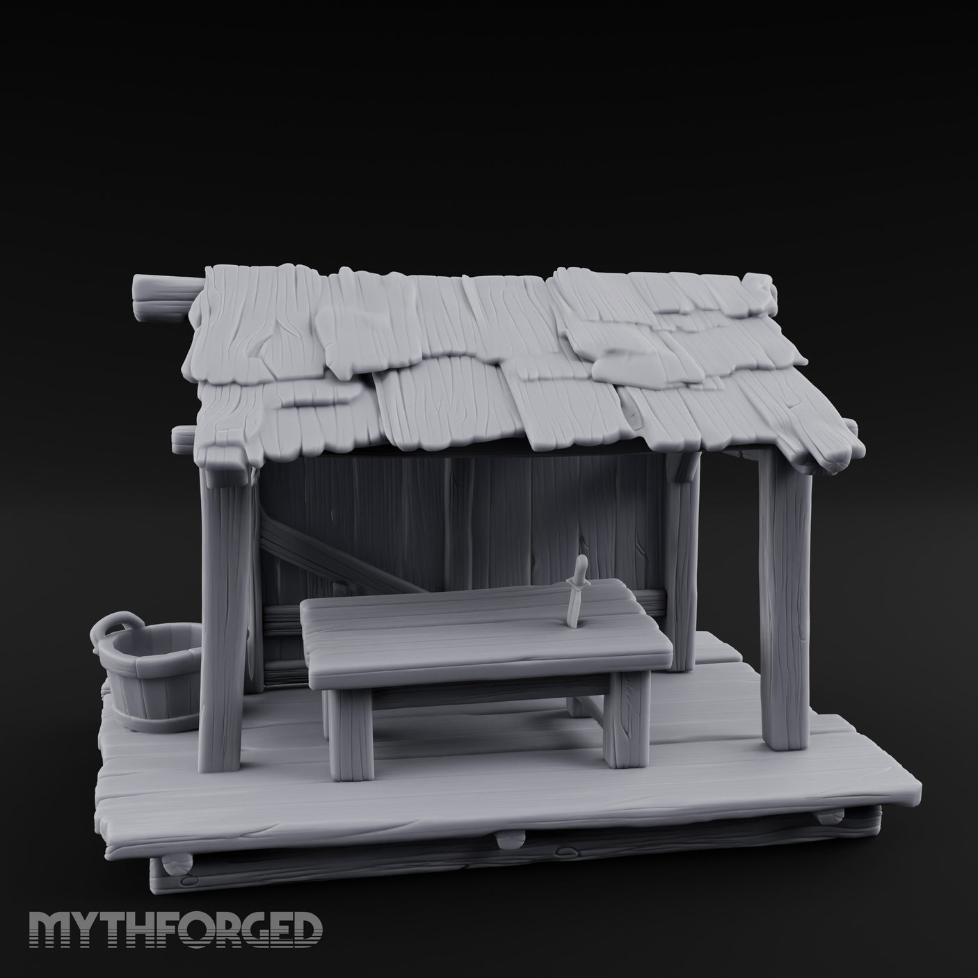 Plank-Floored Bucket-Hung Fishmonger Canopy Stall Miniature for Dungeons and Dragons, Pathfinder or other TTRPGs