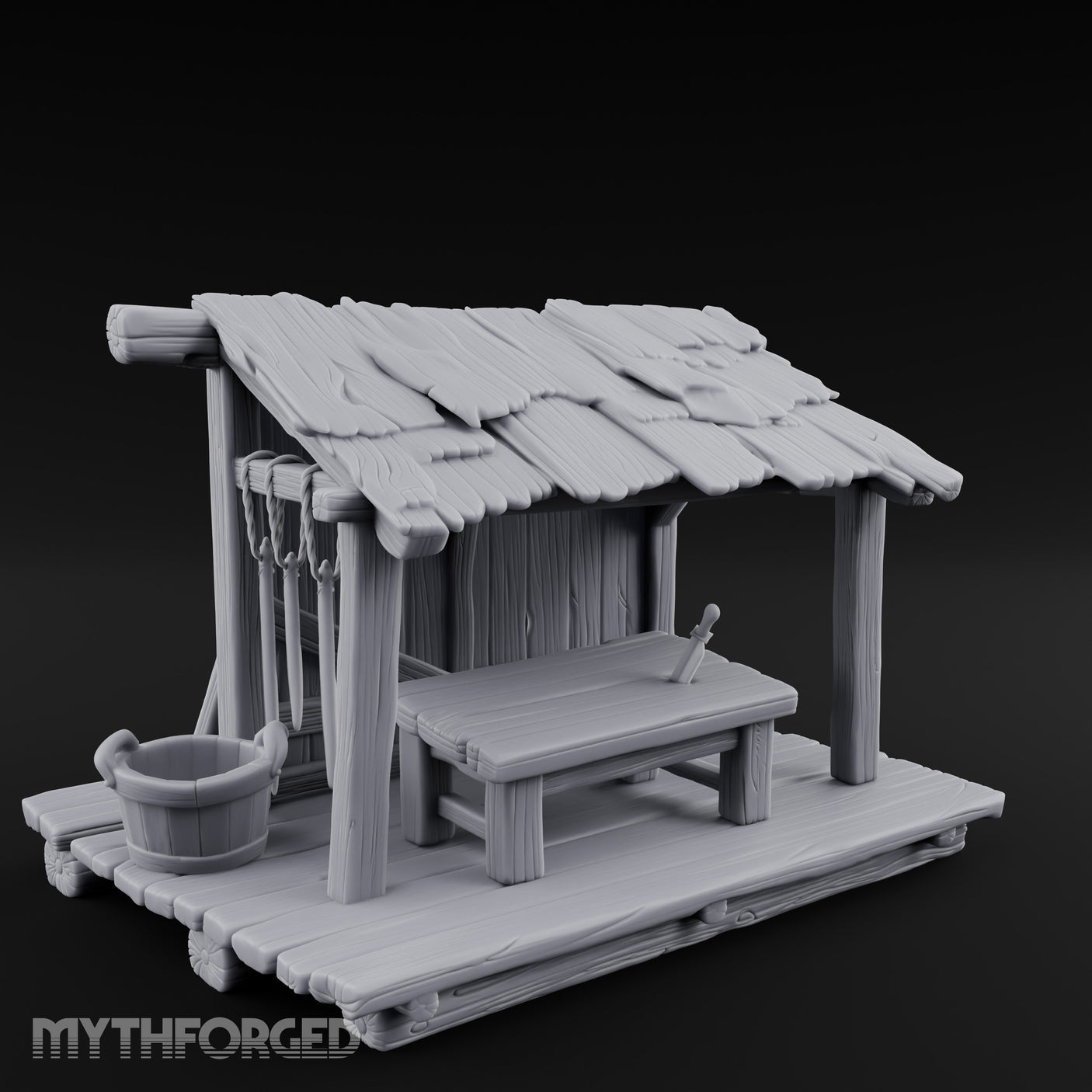 Plank-Floored Bucket-Hung Fishmonger Canopy Stall Miniature for Dungeons and Dragons, Pathfinder or other TTRPGs
