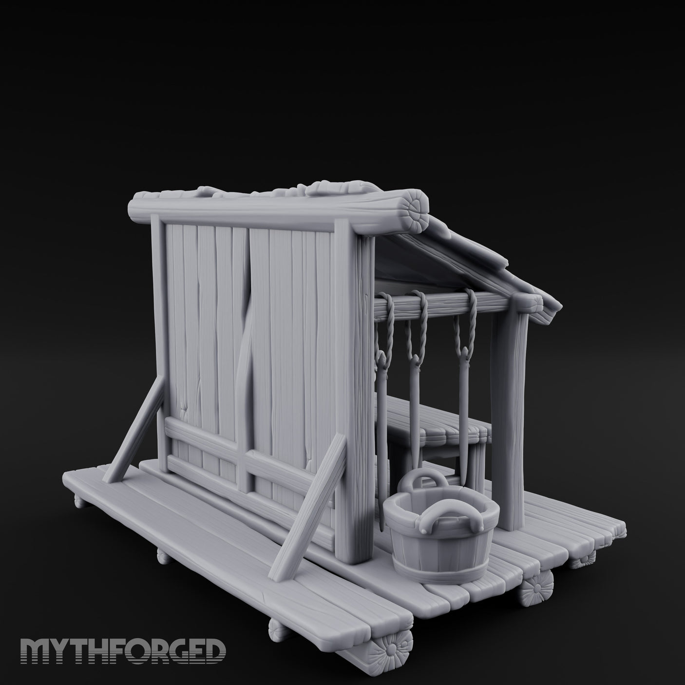 Plank-Floored Bucket-Hung Fishmonger Canopy Stall Miniature for Dungeons and Dragons, Pathfinder or other TTRPGs