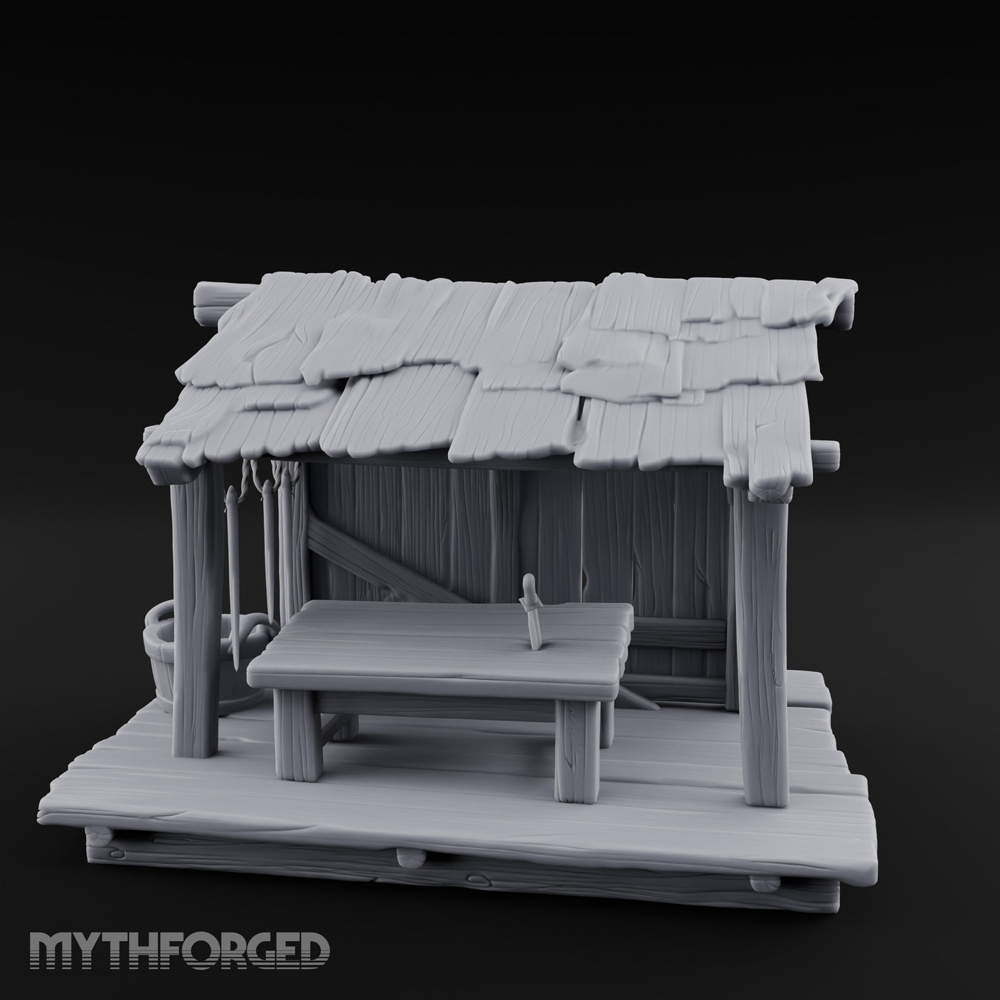 Plank-Floored Bucket-Hung Fishmonger Canopy Stall Miniature for Dungeons and Dragons, Pathfinder or other TTRPGs